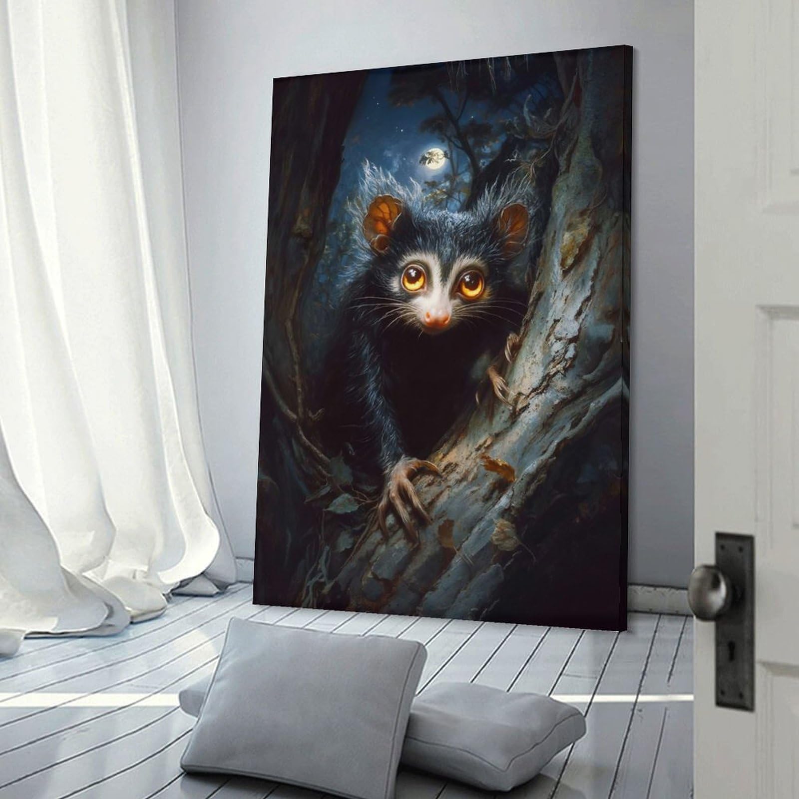 Junmoney Frame-Style-20 Aye-Aye Lemur In The Night Forest Wall Picture Print, 24X36inch(60X90cm), For Lounge, Study, Hallway Or Flat Walls, Canvas Wall Art That Fits Changing Layouts