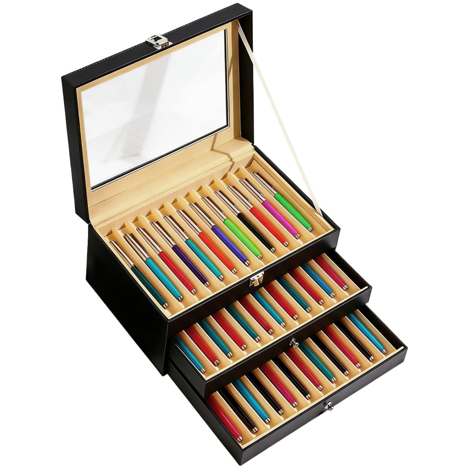Skórzany organizer na 36 przegródek, 3 warstwy, pudełko ekspozycyjne na pióro wieczne ze szklanym blatem, 31 x 20 x 13 cm, idealny do przechowywania, na wystawę, prezent