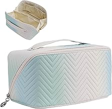 EKESHVAR Large Capacity Cosmetic Travel Bag, Women's Makeup Travel Bag Portable Leather Cosmetics Bag, Makeup Storage Bags with Handle and Divider, Wide Opening Cosmetic/Makeup Organizer (Wite)