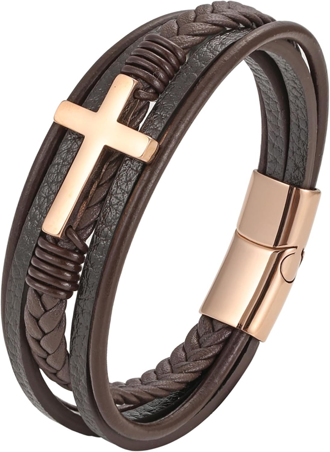 Cross Leather Bracelet for Men, Multi-Layer Braided Mens Religious Cuff Bracelets with Stainless Steel Clasp Anniversary Father's Day Birthday Christmas Jewelry Gifts for Him