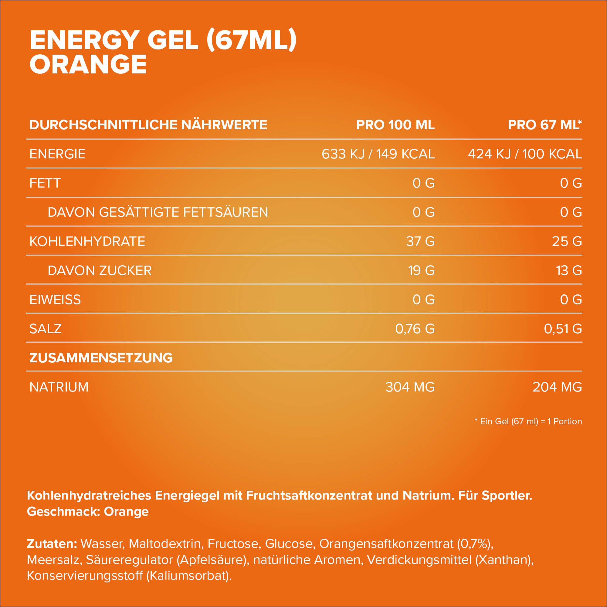IronMaxx Energy Gel – Orange 24x67 ml | Con 25 g de carbohidratos y 200 mg de sodio por porción | Ideal para esfuerzos físicos intensos | Práctico para llevar a cualquier parte