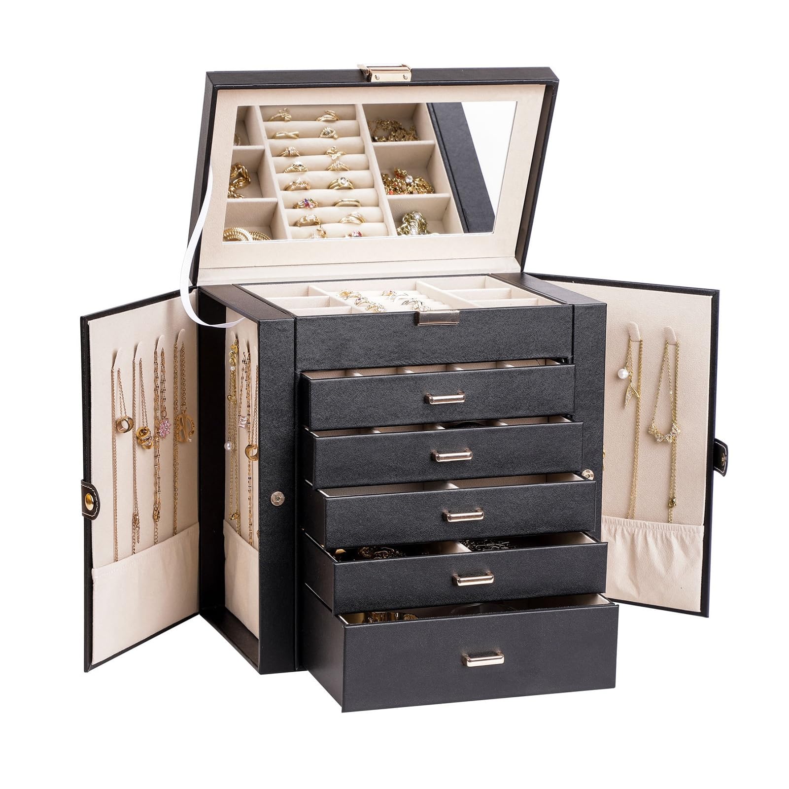 SDFSDE 6-Layer Jewelry Box Organizer Storage Case With 5 Drawers And Mirror For Necklace, Watches, Rings, Earrings, Bracelets, Glass