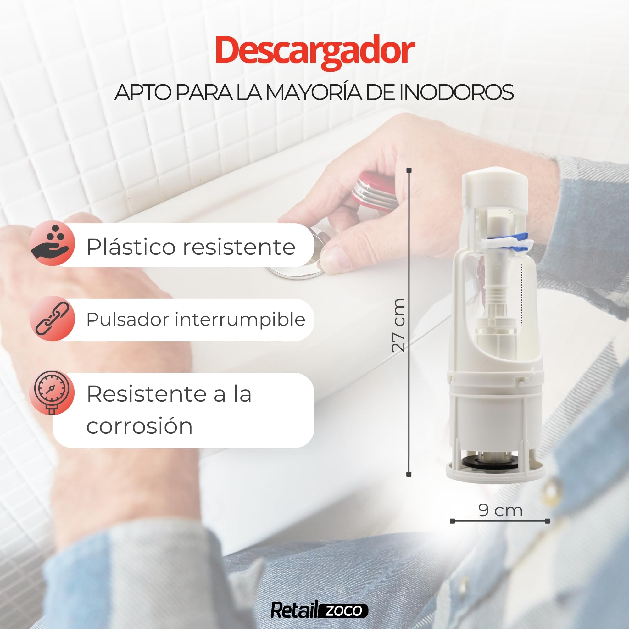 Mecanismo de descarga para WC, Válvula Descarga Inodoro, Descargador WC universal, Apto para cualquier tipo de cisterna estándar con pulsador de descarga interrumpible para ahorrar agua, interrumpible - imagen 4