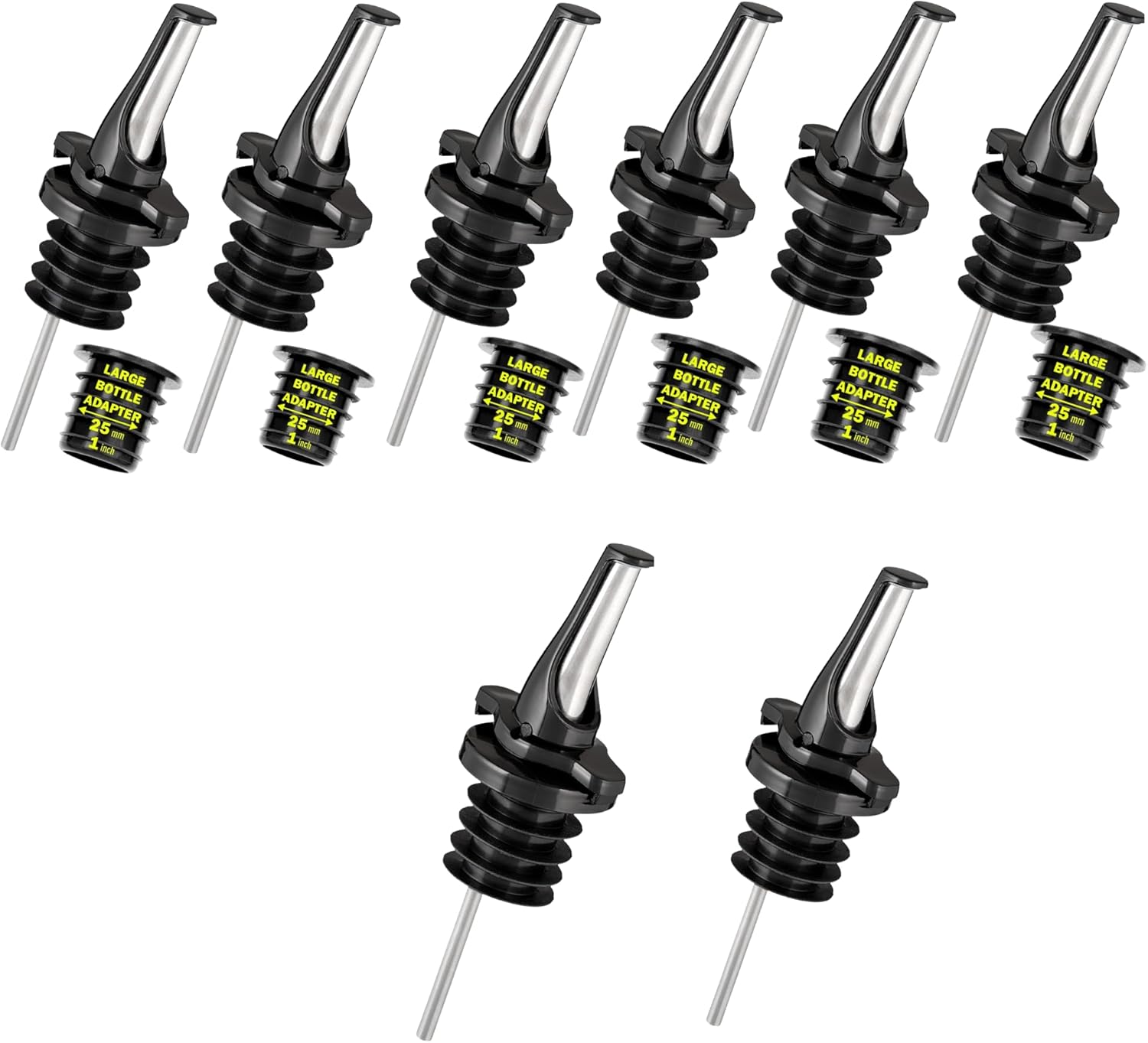 Poura 8 Liquor Pour Spouts (Black) with Built-in Caps for Optimal Fly & Dust Protection - Dishwasher Safe, Hygienic Spouts - with 6 Adapters for Large Neck Bottles