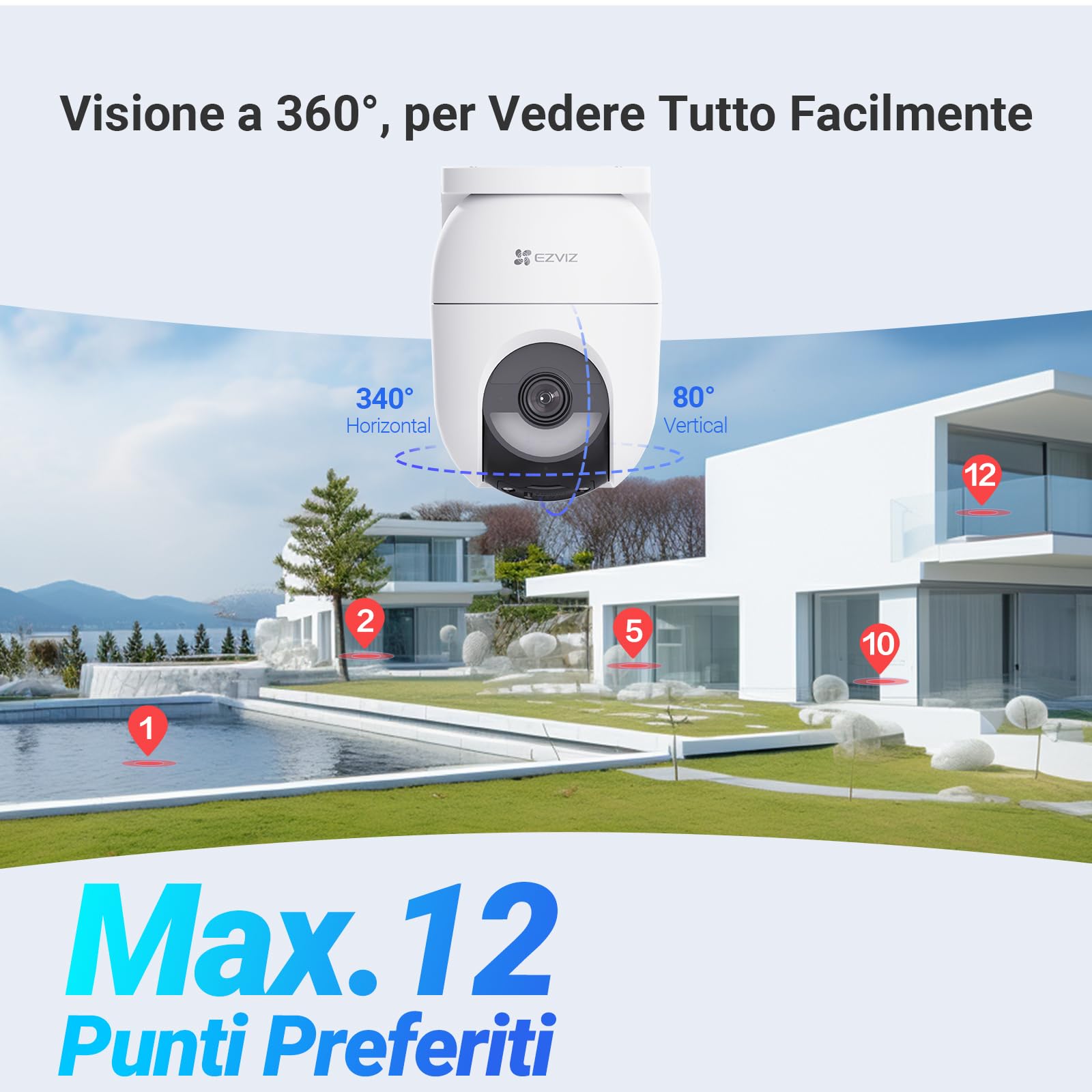 EZVIZ CB8 Lite Kit da 2, Telecamera WiFi Esterno 2K+ Senza Fili con 2 Pannelli Solari, 360° Pan/Tilt, Batteria a Lunga Durata, AOV, Rilevamento Umano/Veicolo, Visione Notturna a Colori, Wi-Fi 6