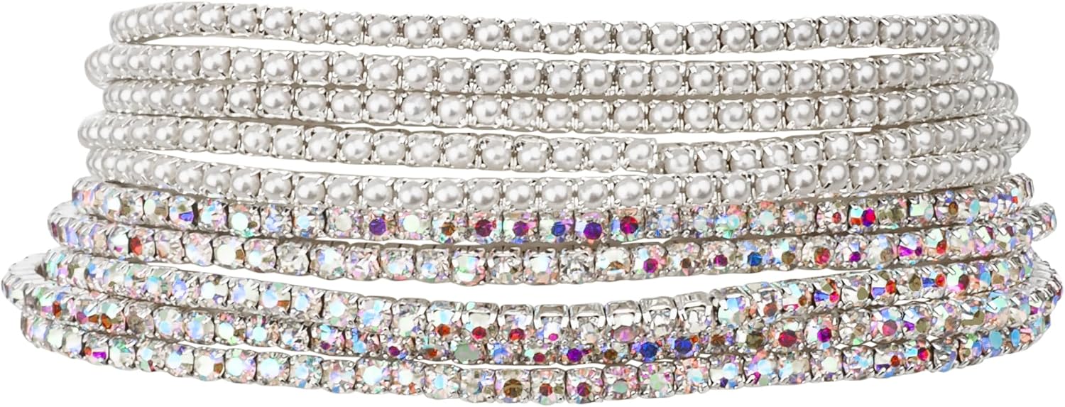 Nicole Miller New York Stretch Bracelet Set, Silvertone with Rhinestones and Beads, 10 Pieces