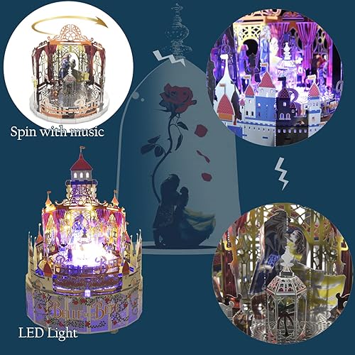 Miniatura 3 de Rompecabezas de metal 3D, caja de música de La Bella y la Bestia, kit de modelo de metal con luz LED colorida, modelo de tierra de metal, regalo