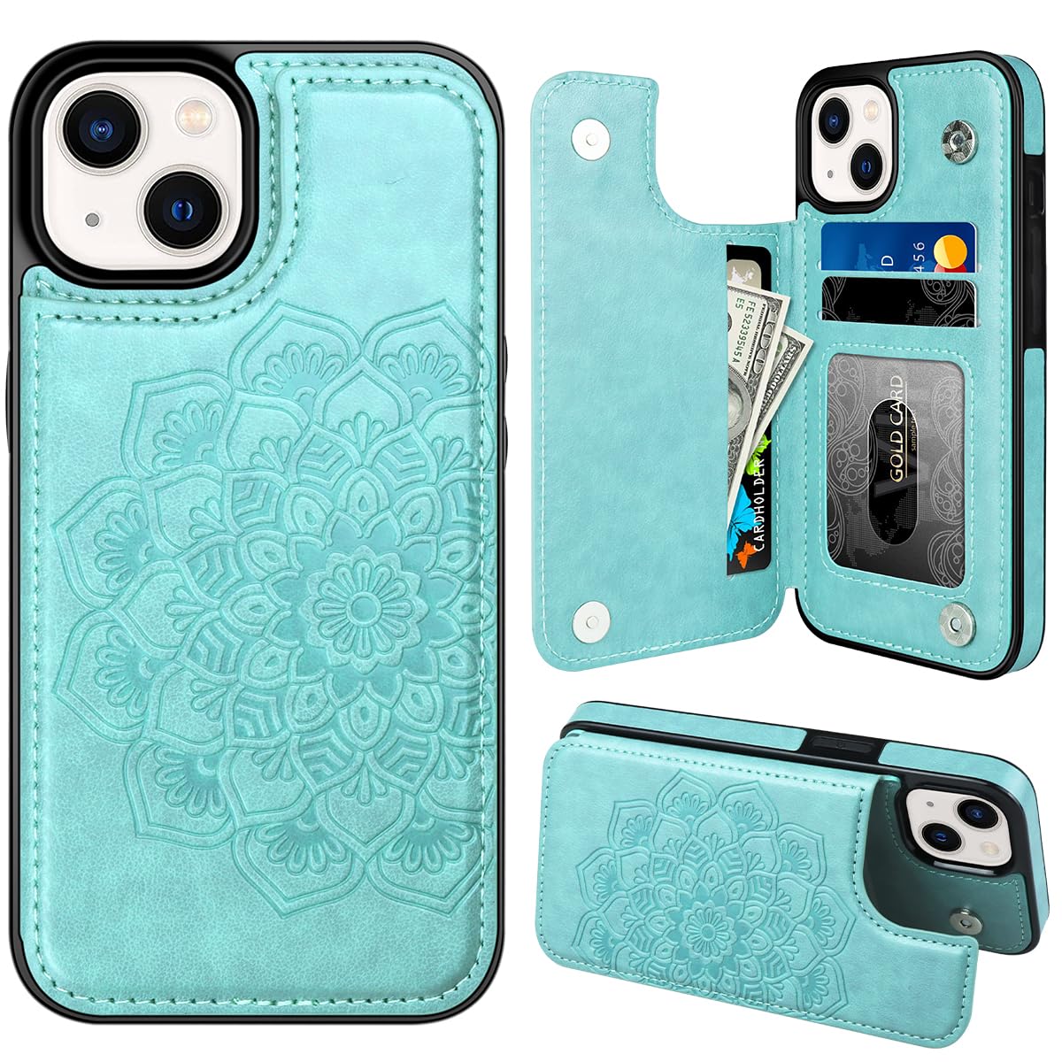 MMHUO for iPhone 13 Case with Card Holder, Flower Magnetic Back Flip Case for iPhone 13 Wallet Case for Women, Protective Case Phone Case for iPhone