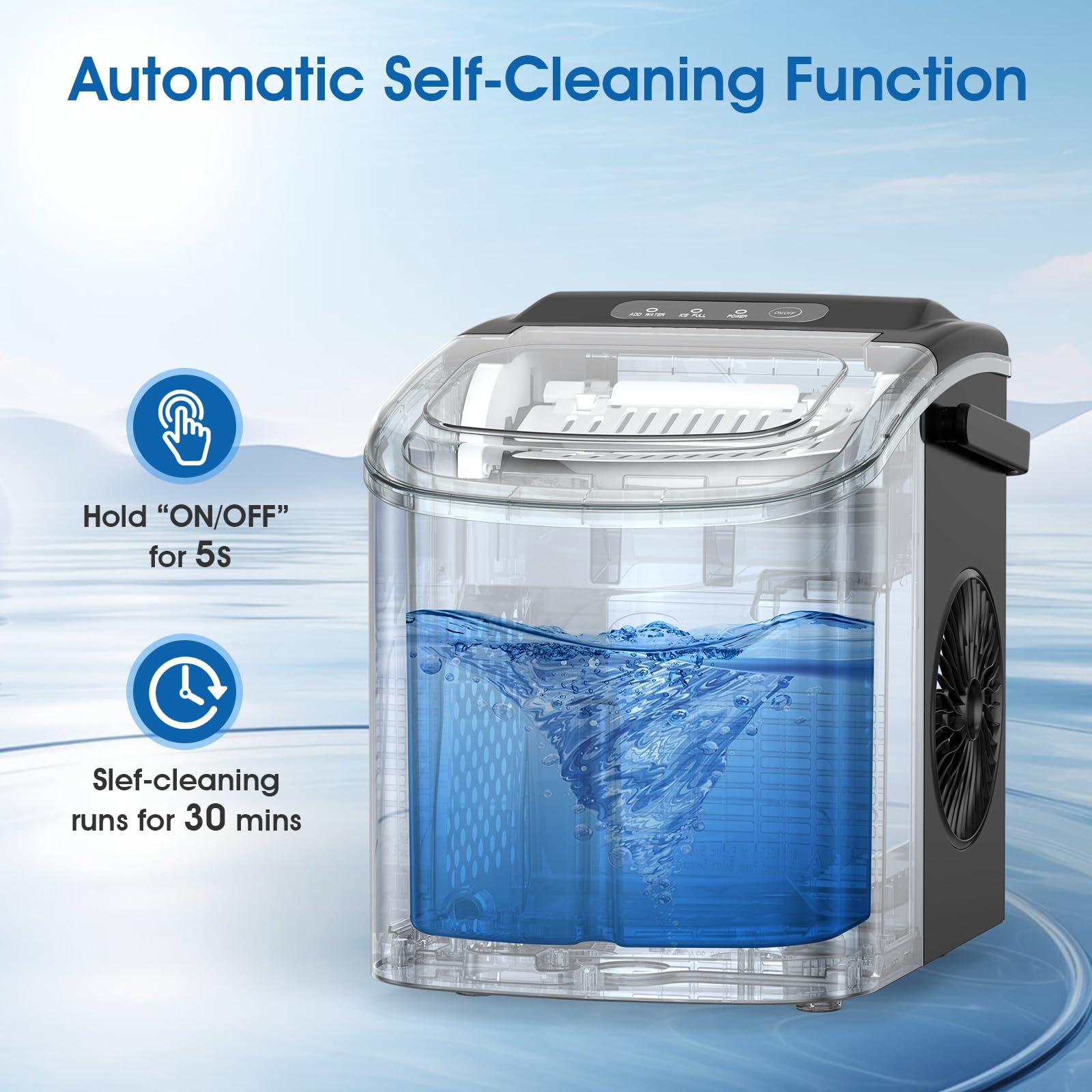 Joy Pebble Ice Maker Countertop With Handle, Self-Cleaning Portable Ice Machine With Basket And Scoop, 26.5lbs/24h, 9 Cubes Ready In 6-8 Mins, For Home/Office/Kitchen, Stainless Steel on Fridge.com - View 5