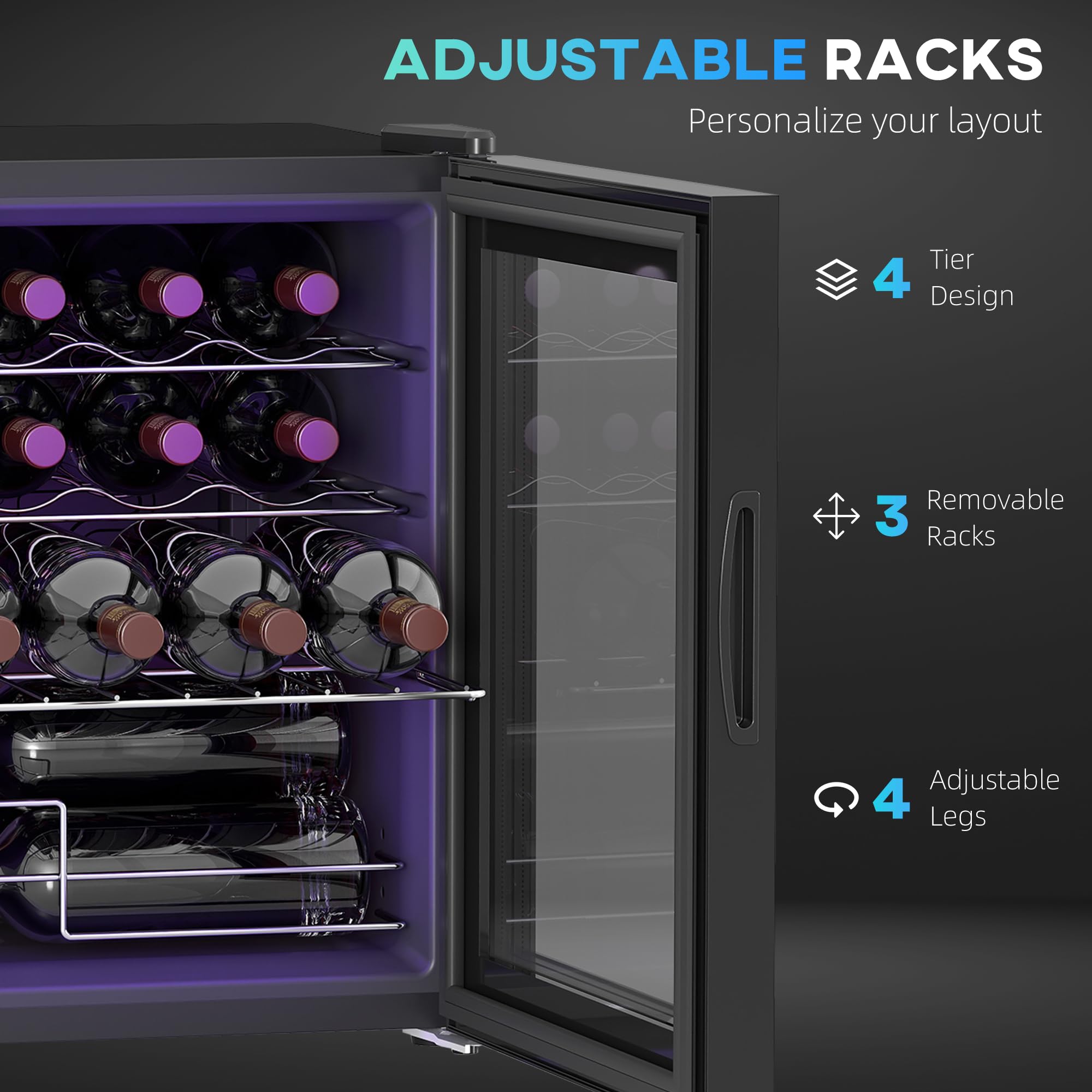 HOMCOM 42L Wine Cooler, 16 Bottles, 5-18° Freestanding Wine Fridge with Glass Door, LED Light, Temperature Control and Digital Touch Screen, Black — view 5