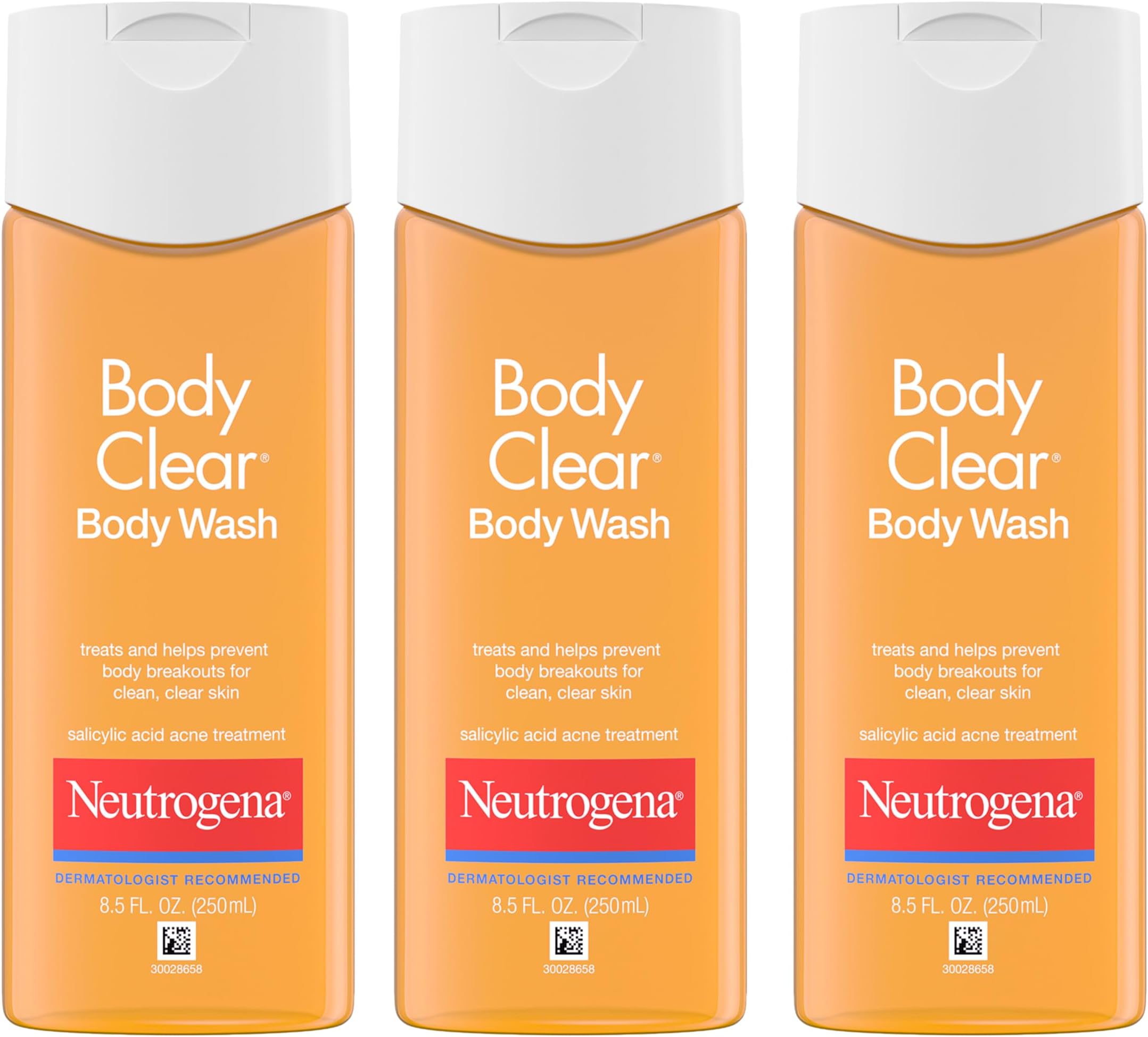 Neutrogena Body Clear Acne Body Wash with Glycerin & 2% Salicylic Acid Acne Medication, Oil-Free Acne Wash for Breakouts on Back, Chest & Shoulders, Non-Comedogenic, 8.5 fl. oz, Pack of 3