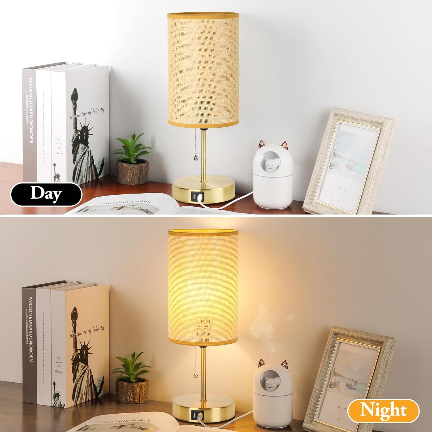 Set of 2 Table Lamp with 2 USB, Vintage Bedside Lamps for Bedrooms, Nightstand Lamps with Pull Chain, Bamboo Woven Desk Lamps with Rattan Lampshade and Gold Metal Base for Bedroom Living Room Desk