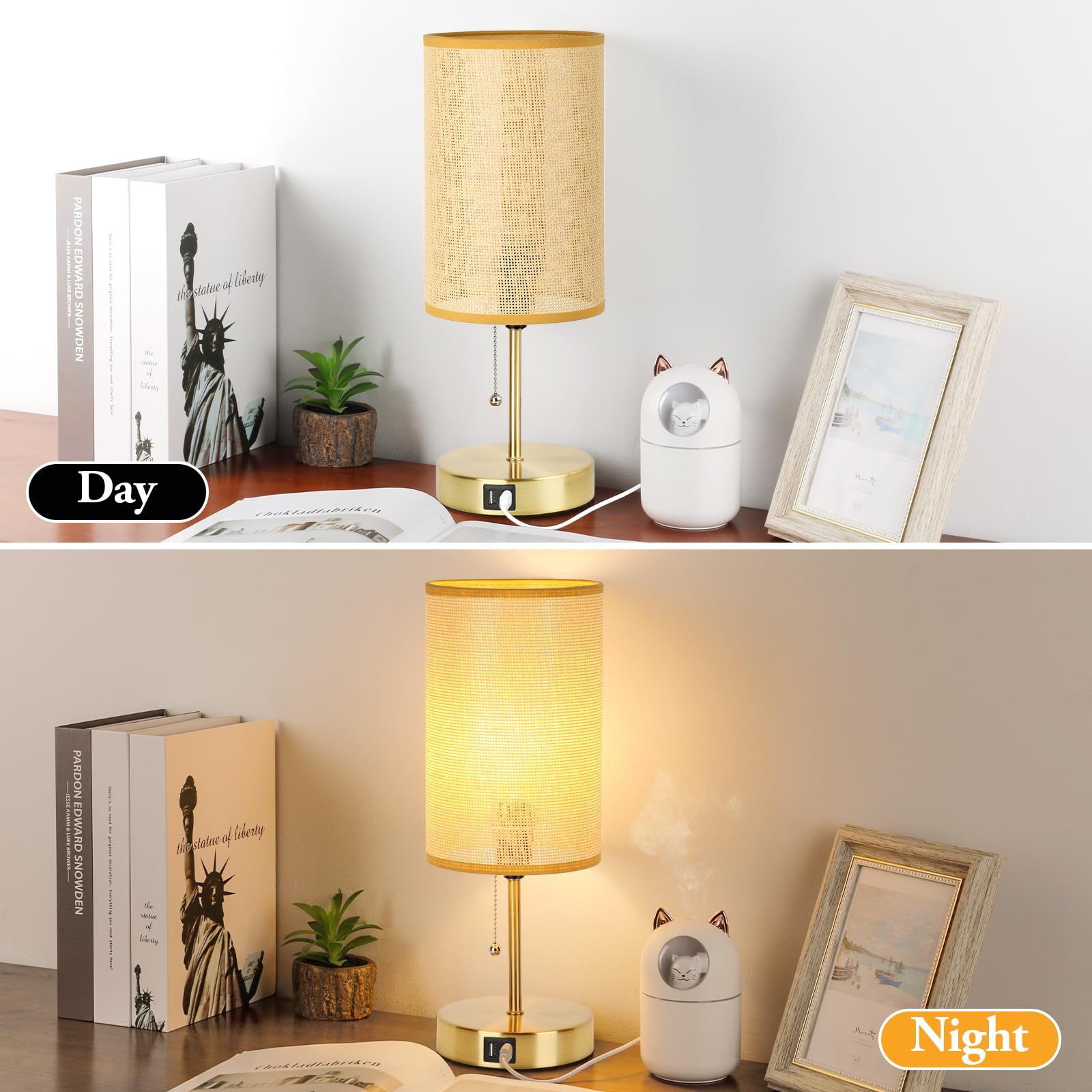 Klassische Nachttischlampe mit 2 USB-Anschlüssen, Nachttischlampen mit Zugkette, Schreibtischlampen aus gewebtem Bambus mit Rattanschirm und goldenem Metallsockel für Schlafzimmer, 2 Stück