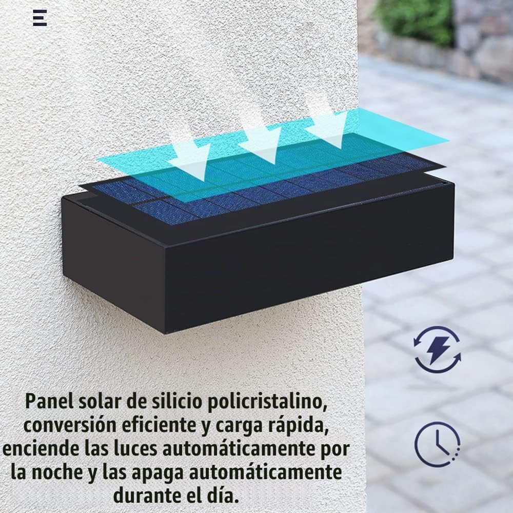 Luces de pared solares hacia arriba y hacia abajo Luz de porche exterior negro mate Aplique de pared impermeable IP65 con luces LED blancas cálidas para jardín, patio, garaje, puerta principal