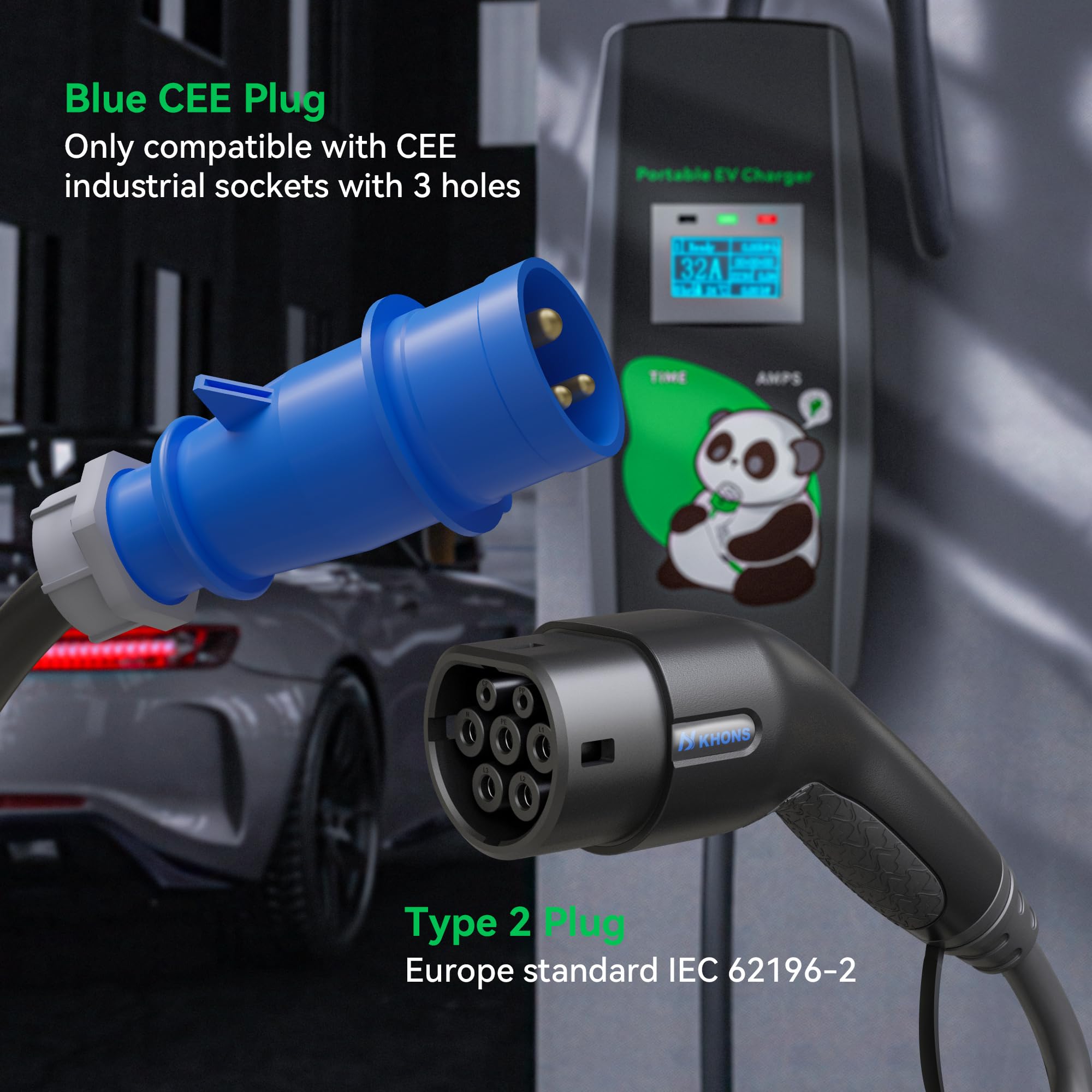 Wallbox Mobile 7,4 kW avec Plug & Play, 5 m, 32 A, 1 phase, courant réglable et minuterie, câble de charge de type 2 avec prise CEE, chargeur de voiture électrique portable pour IEC 62196-2