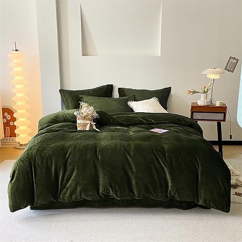 Luxlovery Army Green Velvet Comforter Set California King Dark Green Flannel Bedding Set Solid Bedding Set Thick Soft Breathable Blanket Quilts Winter Comforter Set