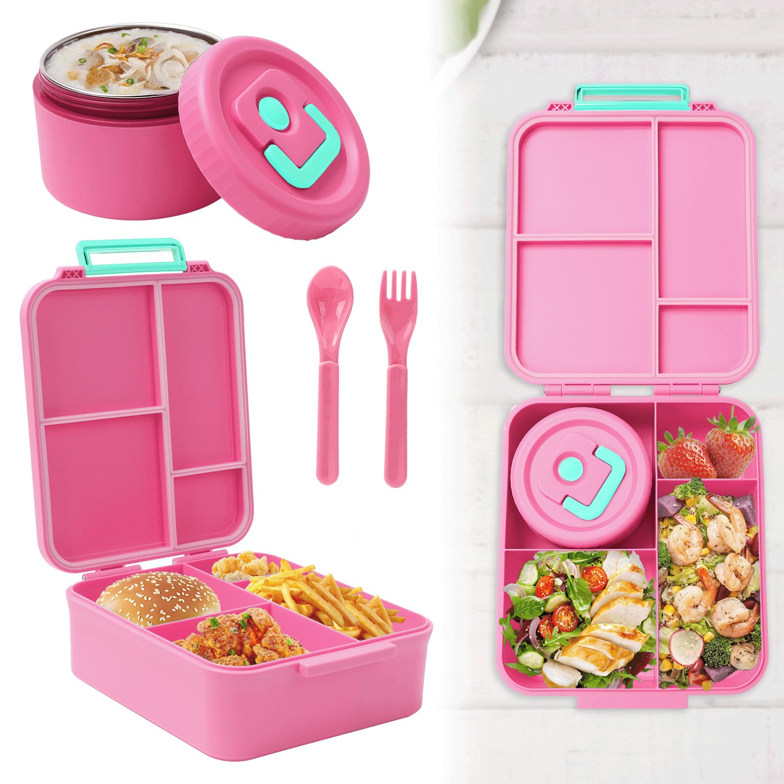 Bento Box, Lunch Box Set mit 320ml Thermobehälter für Essen, Brotdose für Erwachsene mit 4 Fächern, Auslaufsicher Lunchbox mit Besteck, Brotbox Isolierte Lunchtasche, Thermo Lunchbox für Schule Küche, Haushalt &