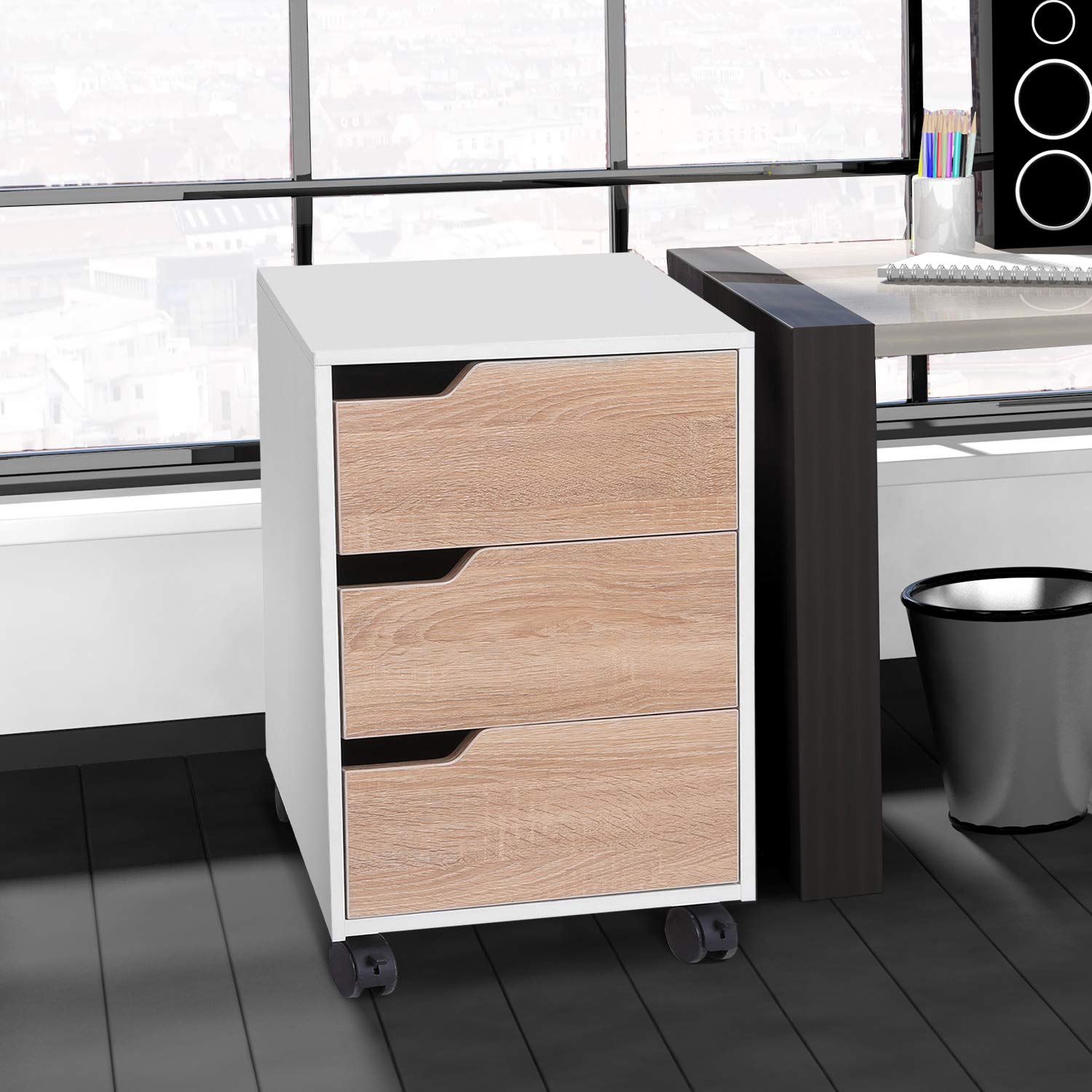 HOMCOM Cajonera de Oficina con Ruedas Mueble Archivador con 3 Cajones Cajonera para Escritorio Estudio 40x50x57,5 cm Roble y Blanco