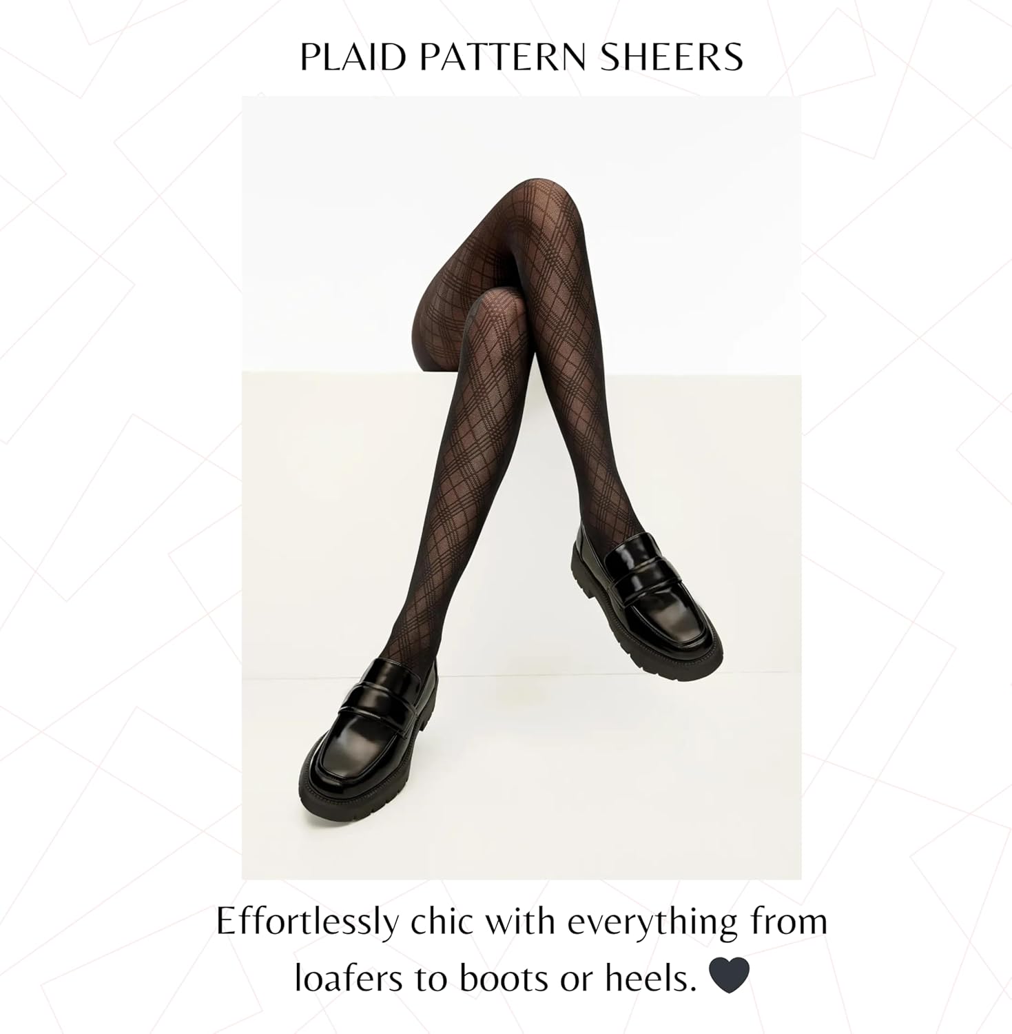 PENTI Plaid Checked Sheer Pantyhose Tights for Women | 50 Denier, Black, Sheer Toe | Stretch Waist Patterned Hosiery - Image 5