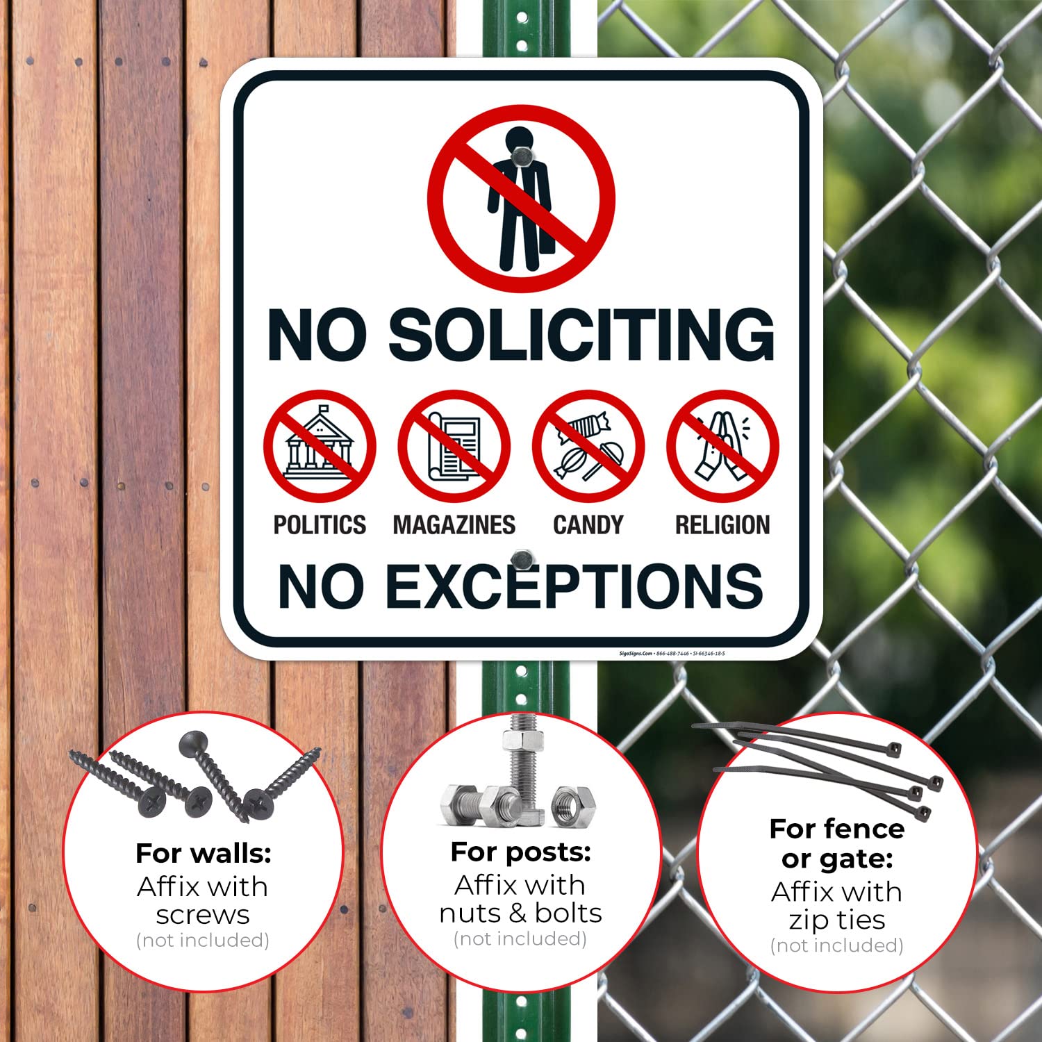 No Soliciting Politics Magazines Candy Religion No Exceptions Sign, 18x18 Inches, Rust Free .063 Aluminum, Fade Resistant, Made in USA