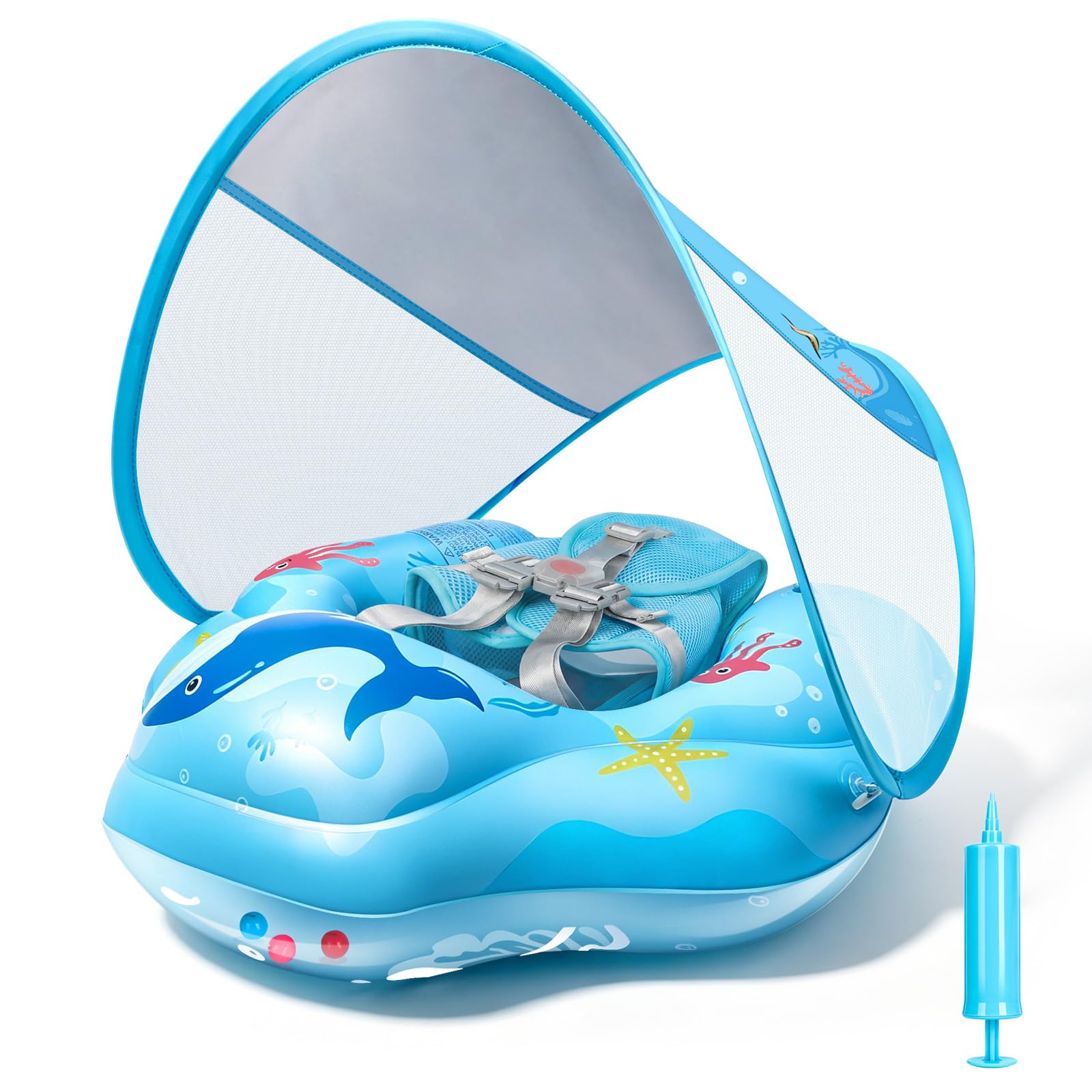 IEEILULU Schwimmring Baby, Baby Schwimmring mit Sonnendach Abnehmbarem UPF 50+ und Reparaturaufkleber, Schwimmtrainer Kleinkind für 6-36 Monaten für Pool, Strand und Schwimmbad