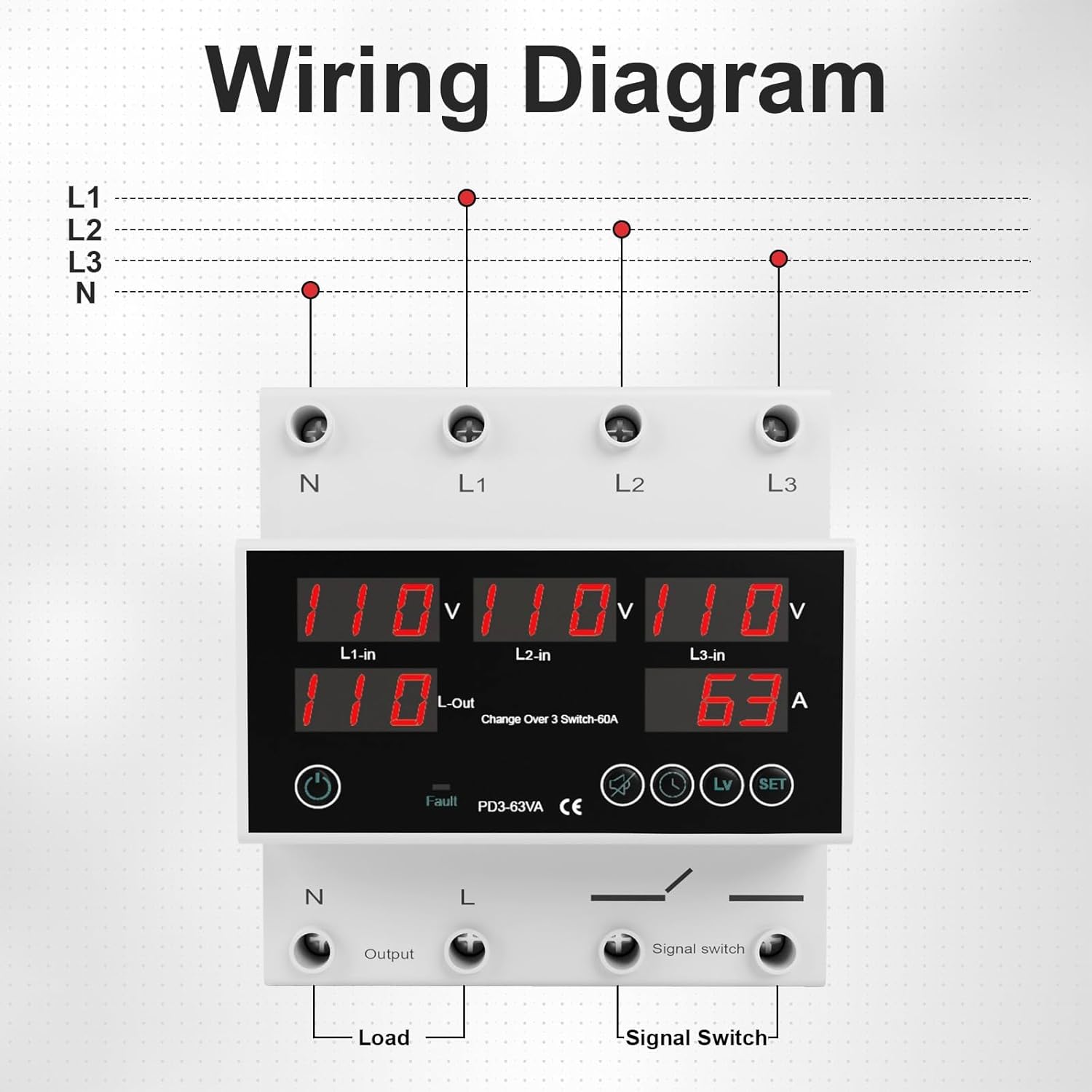One-Click Setup Automatic Transfer Switch with Priority Phase L1＞L2＞L3, 4P 63A 110V 40/50/60/70Hz ATS Electrical Selector Switch Generator Changeover Switch V/A Protector Din Rail Mount