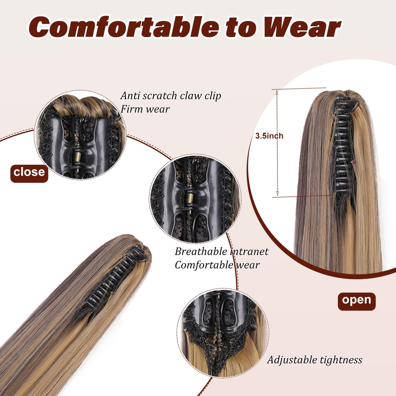 Dcbaboo 22inch Claw Clip in Ponytail Hair Extensions Long Straight Ponytail Extension Synthetic Pony tails Natural Wave One Piece Hairpiece Fake Ponytail for Women Dark Blonde & Medium Brown - Image 2