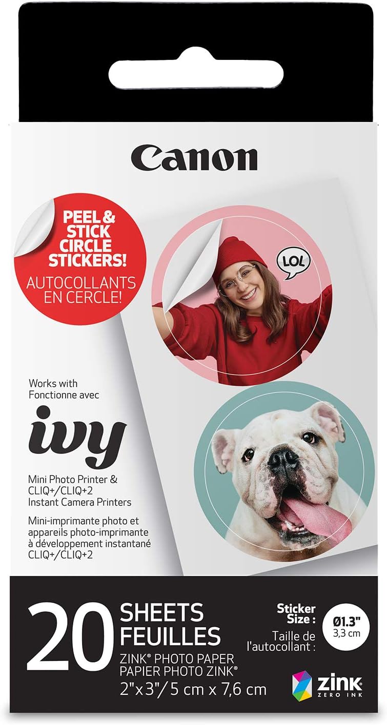 Ivy Zink Pre-Cut Circle Sticker Paper 20 Sheets Pack Compatible with Canon Ivy Mini Photo Printer and CLIQ+/CLIQ+2