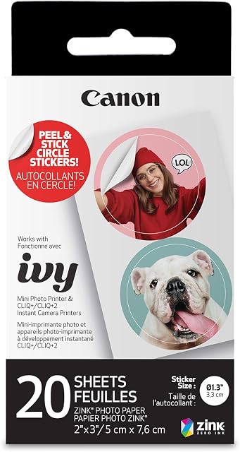 Canon Ivy Zink Papier autocollant avant le cercle, 20 Feuilles