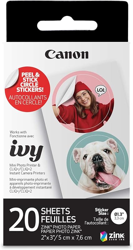 Canon Ivy Zink Papel adhesivo circular precortado, paquete de 20 hojas, compatible con Canon Ivy Mini Photo Printer y CLIQ+/CLIQ+2