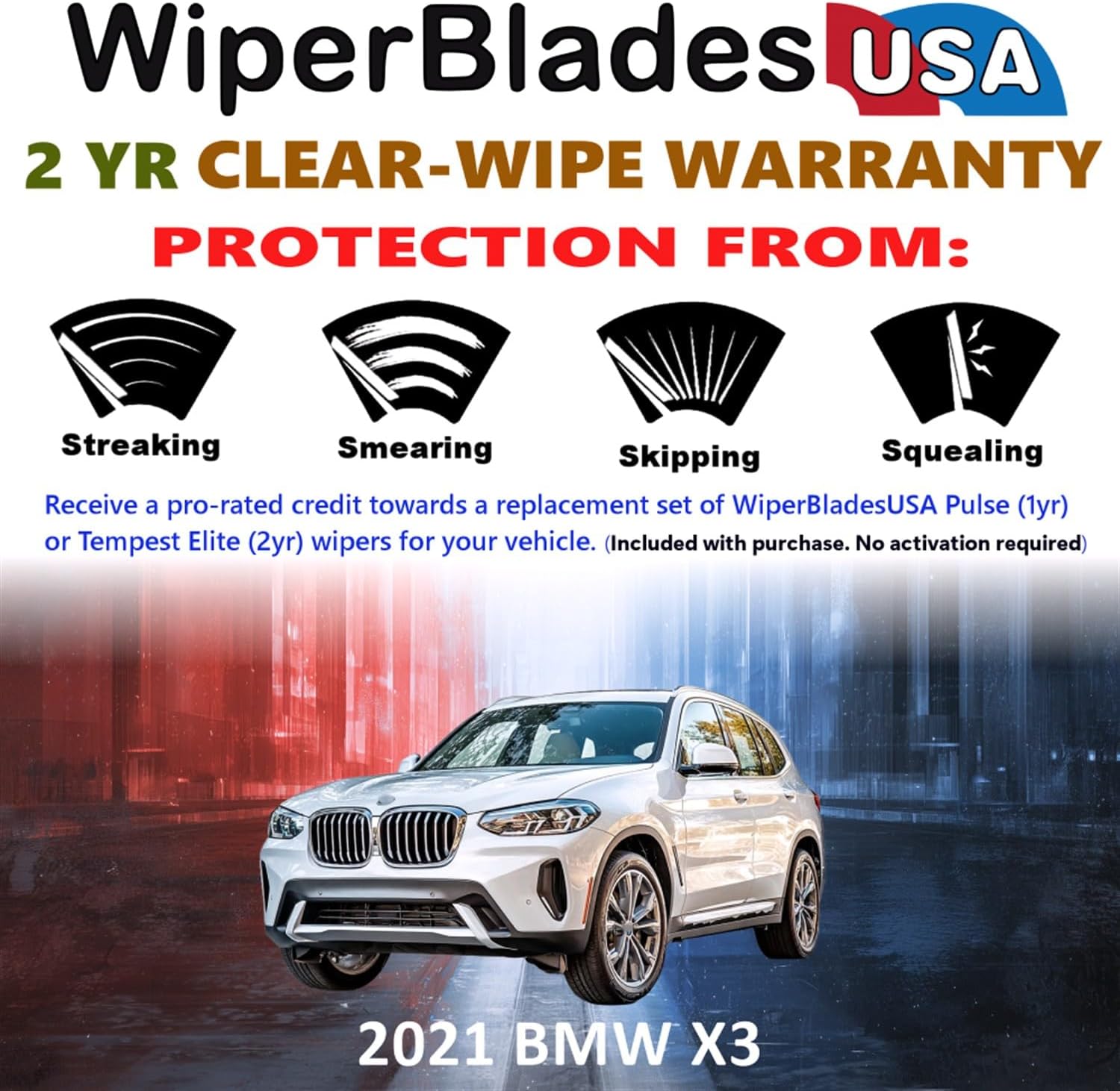Beam Wiper Blades Set w/2yr Warranty compatible with BMW X3 2021 (Set of 3) w/Rear Wiper Tempest Elite Wipers
