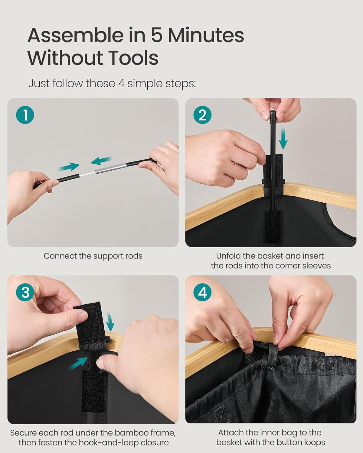 Four-step visual guide for assembling the recycling bin, showing how to connect rods, insert them into the fabric, secure them, and attach the inner bag.