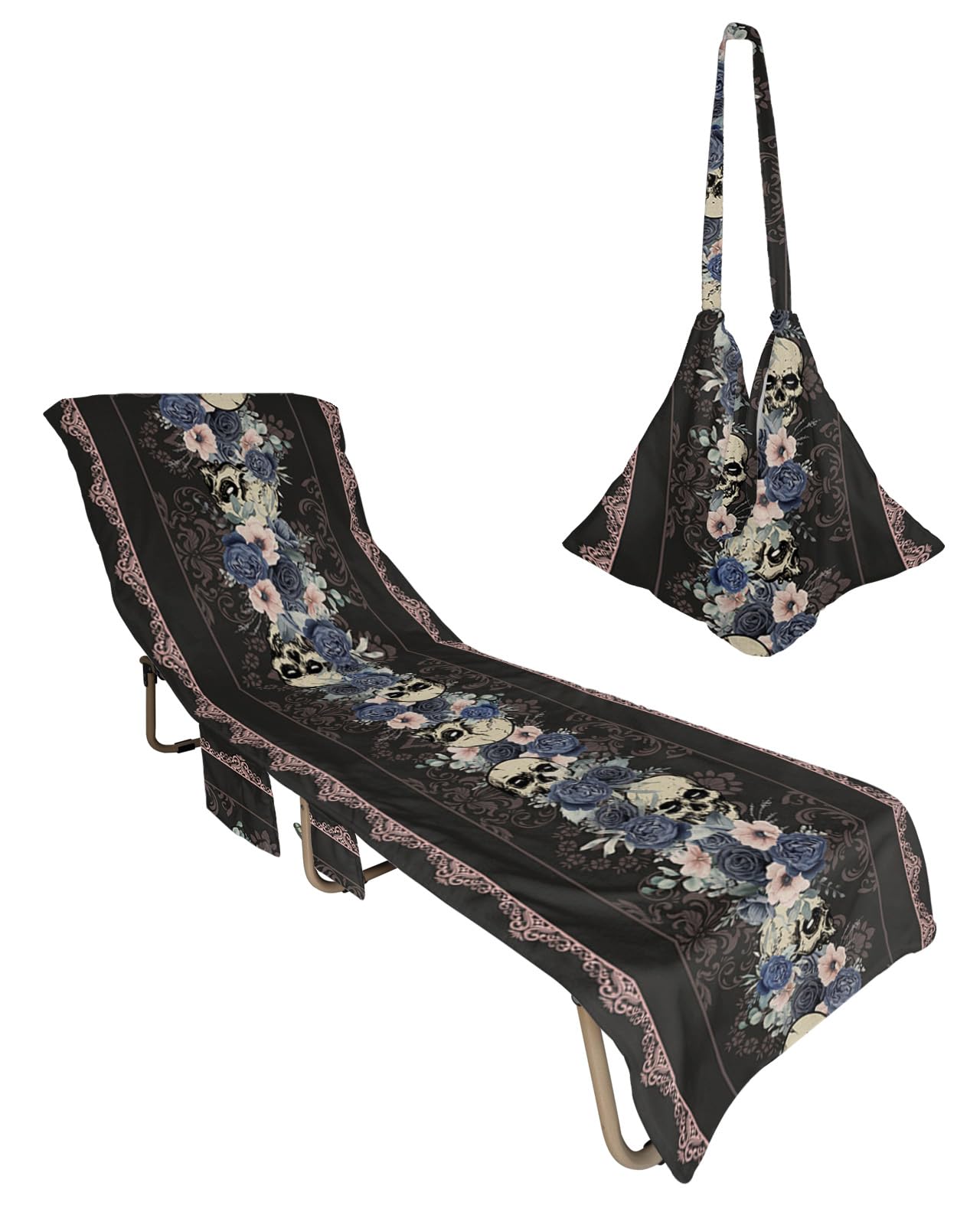 Halloween Beach Chair Towel Covers for Chaise Lounge with Side Pocket, Soft Plush Pool Towels Cover for Patio Sunbathing Outdoor 29''x85'' Go-thic Spooky Horror Skulls Romantic Rose Flower