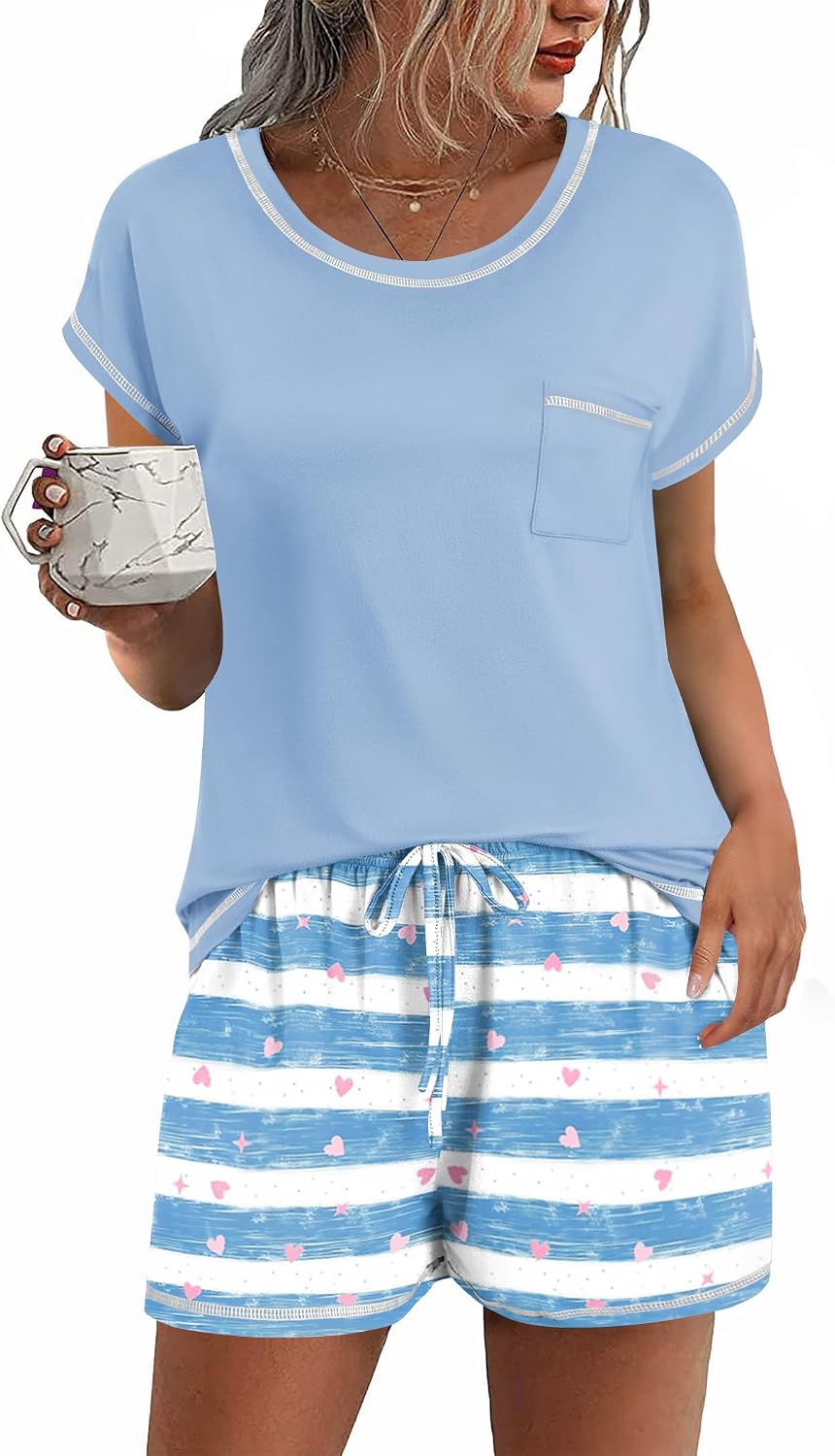 Ekouaer Womens Pajamas Sets Short Sleeve Tops and Shorts Pjs Soft Sleepwear