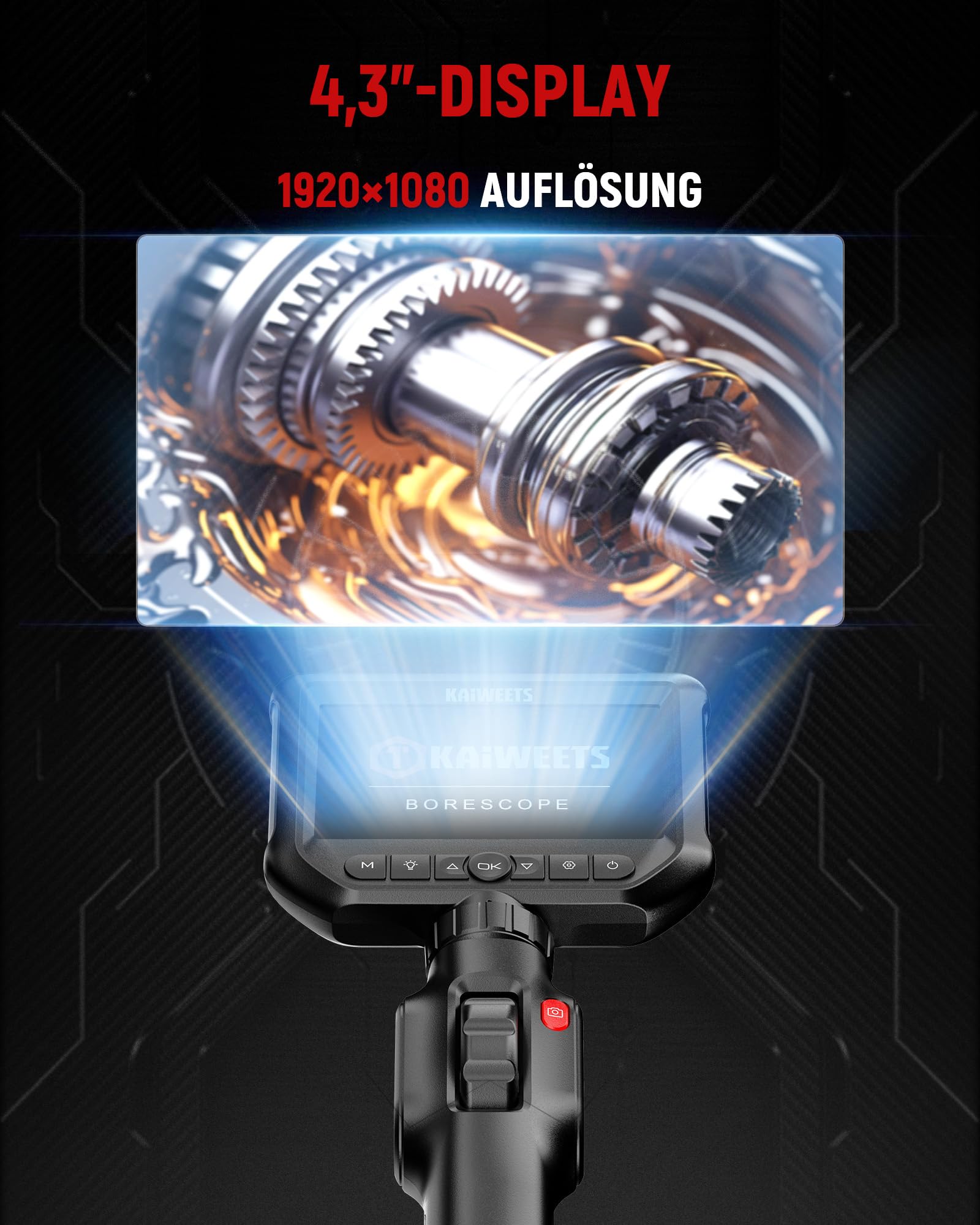 KAIWEETS Inspektionskameras Endoskopkamera mit Licht, 4,3''IPS 1080P Inspektionskamera mit Scrollradsteuerung Zwei-Wege 210° Drehung, Flexible Rohrkamera IP67 wasserdichte für Kfz und Rohrinspektion
