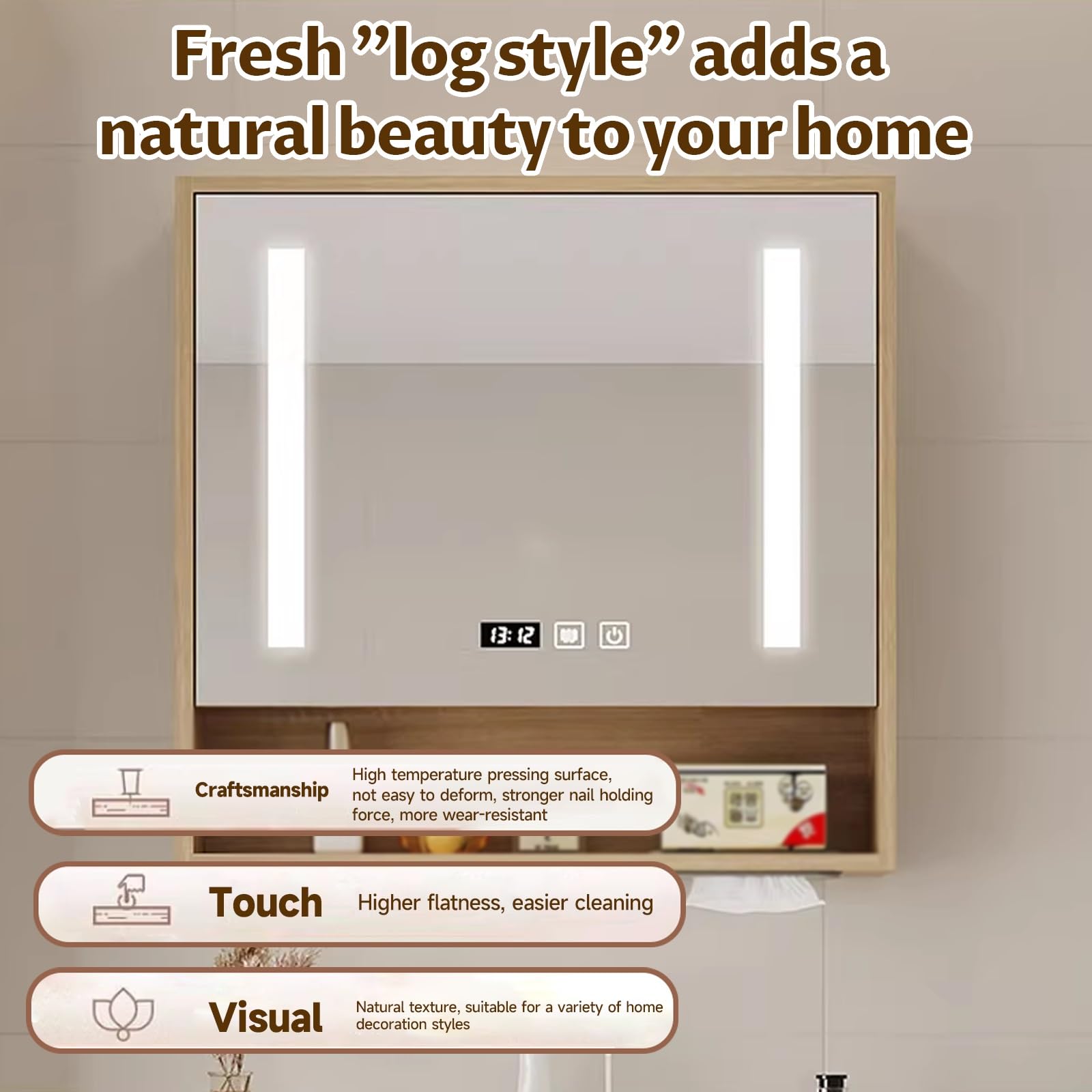Mueble con Espejo de baño, Durable y silencioso/Orificio de Tejido humanizado/Accesorios de Hardware/Almacenamiento Dividido/Iluminación Suave(Wood,60cm/23.6in)