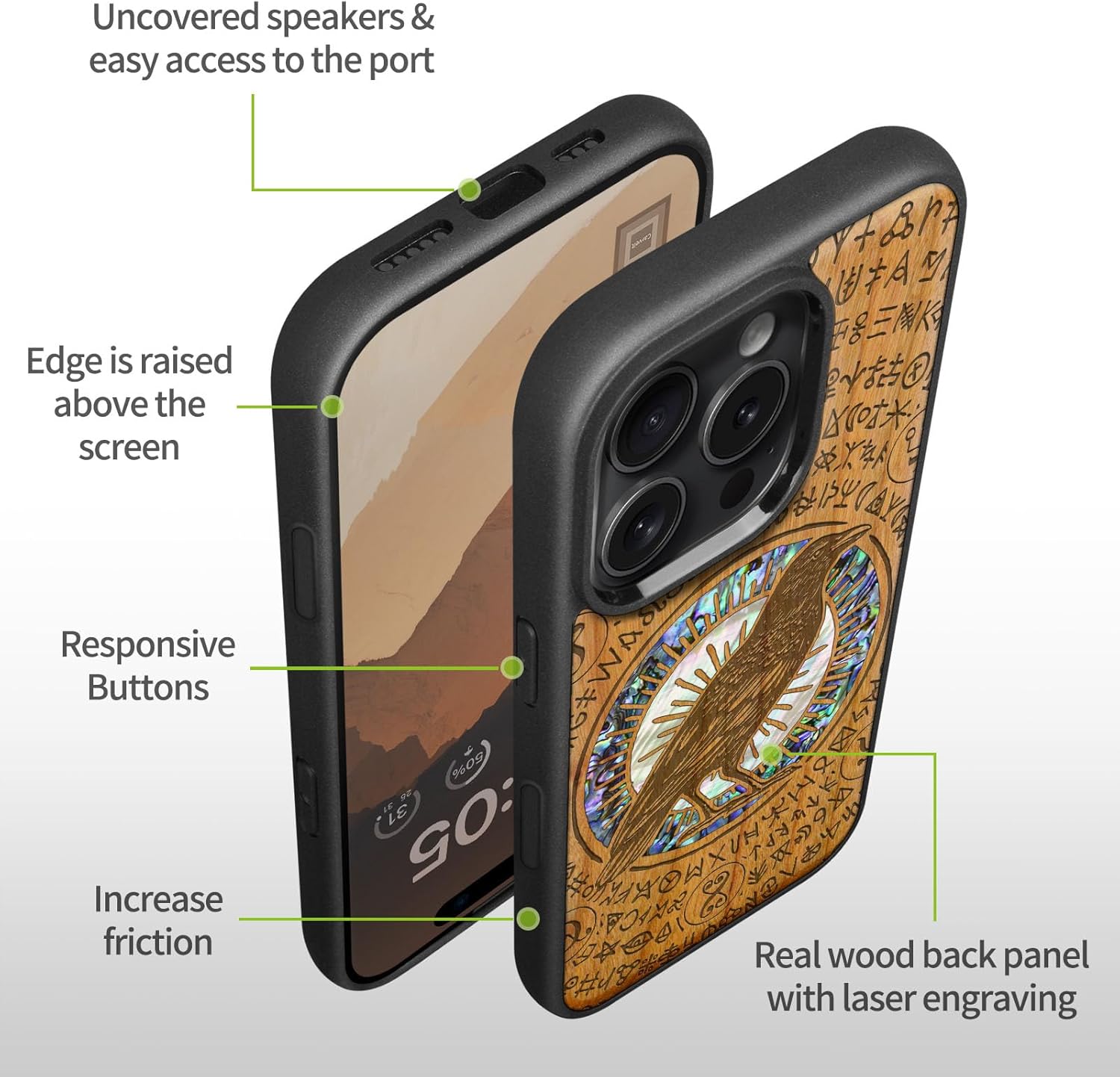 Carveit Magnetic Case for iPhone 16 Pro Max Case, Wood Artisan Engraved & Handmade Shell Inlaid, TPU Shockproof Cover, Compatible with MagSafe Wireless Chargers (Haloed Crow) Cherry