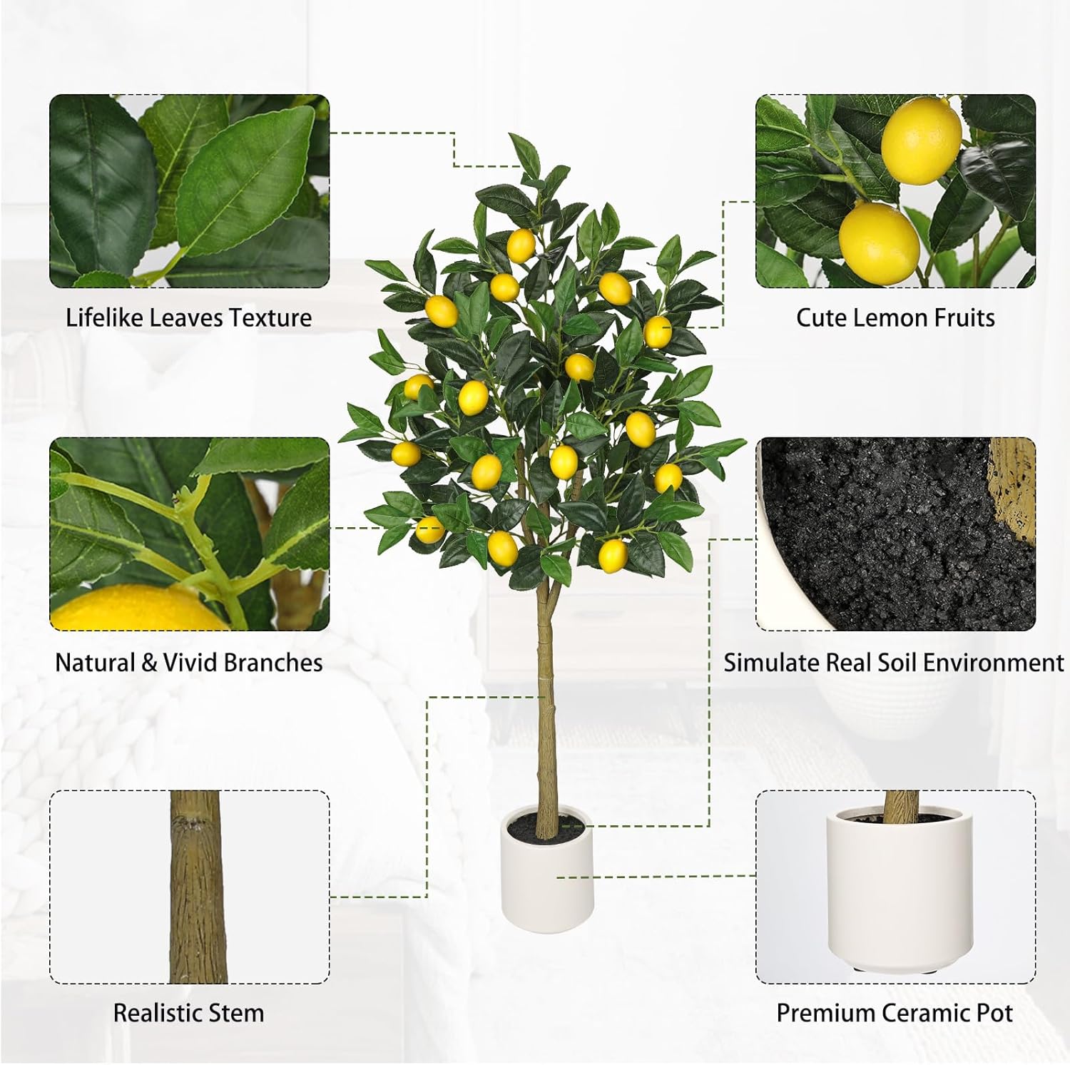 4Ft Artificial Lemon Trees, Large Artificial Plants Indoor with White Ceramic Pot Faux Potted Lemons Citrus Tree Fake Floor Plants Lemon Decorations for Home Living Room Office, Bedroom Table, Desk