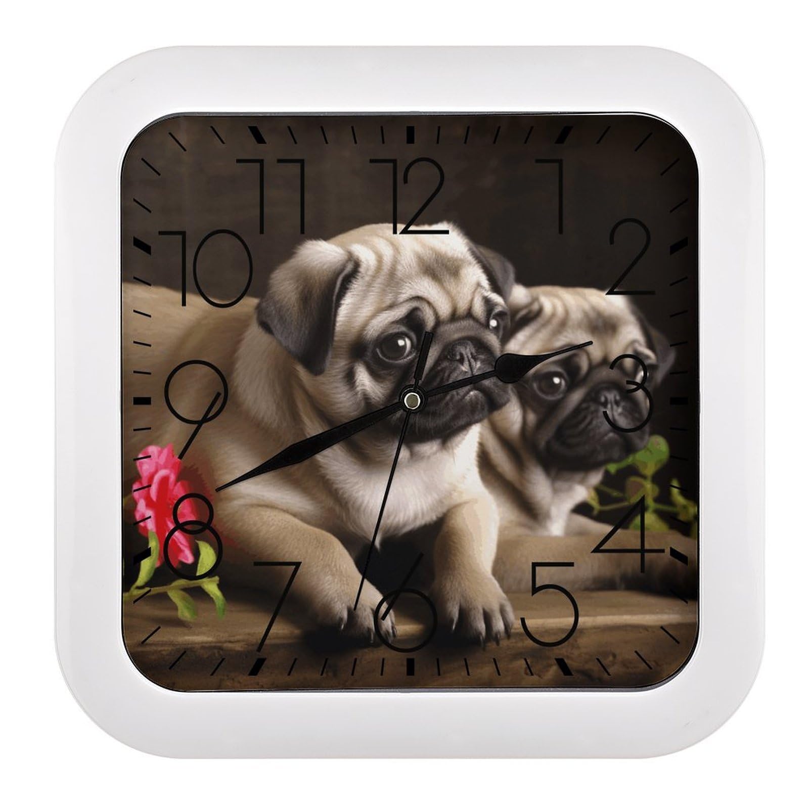 LZQPOEAS Puppys Pug Square Wall Clock, 10.2 Inch Battery Operated Silent Non-Ticking Wall Clock, Square Analog Decorative Clock for Home Wall Art, Living Room, Bedroom, and Office