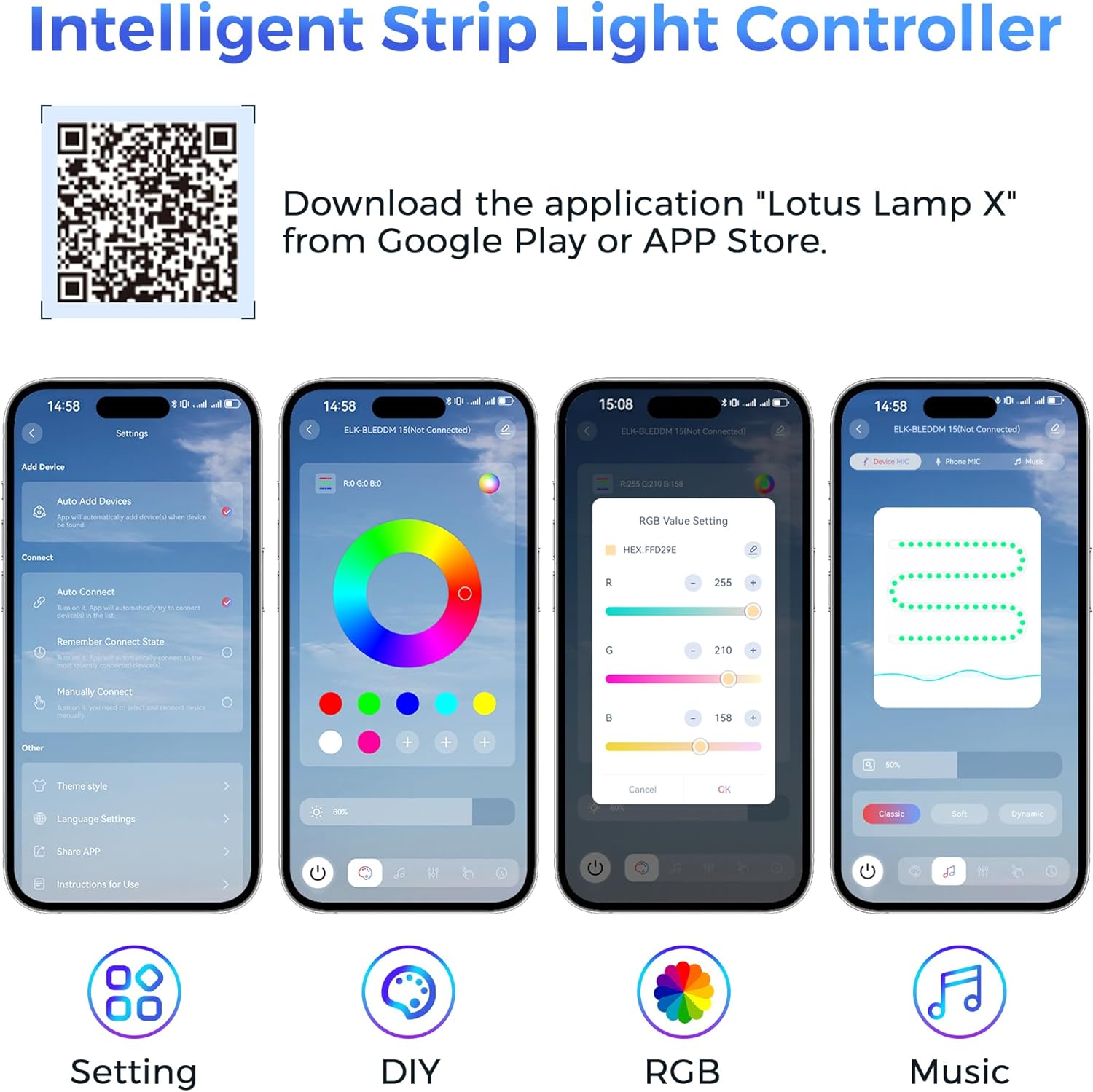 Screenshots of the Lotus Lamp X mobile application interface for controlling RGB lights, showing settings, DIY mode, RGB color selection, and music sync.