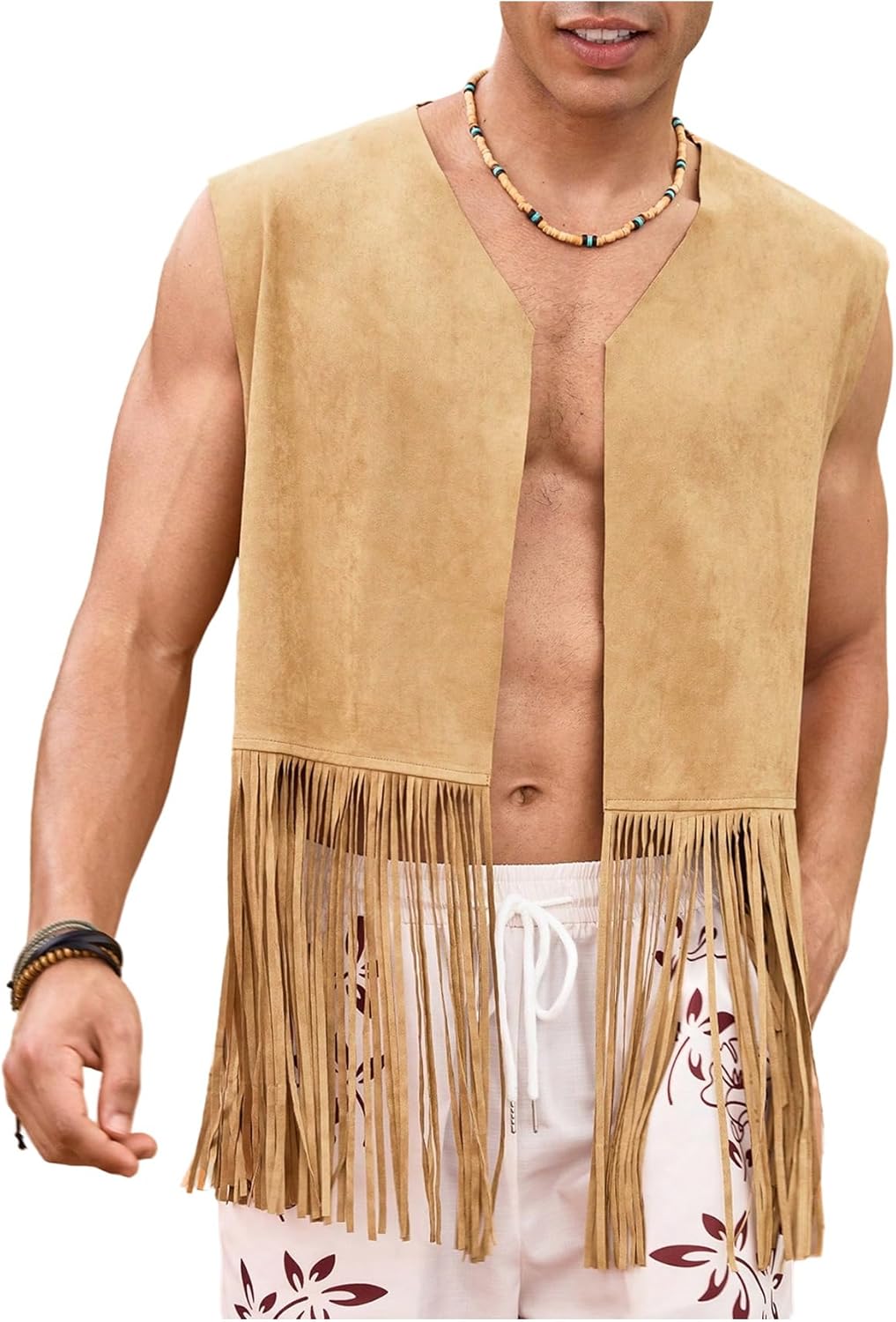 Men's Fringe Suede Vest Boho Tassel Open Front Sleeveless Western Jacket Outerwear 70s Outfits