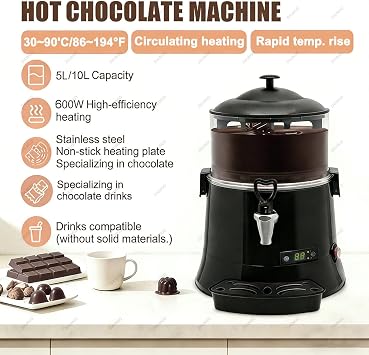 Commercial Hot Chocolate Dispenser Machine, 600W Electric Chocolate Beverage Making Machine, 86-194°F Temperature Adjustment, for Heating Chocolate Coffee Milk Tea 10L/2.64gal