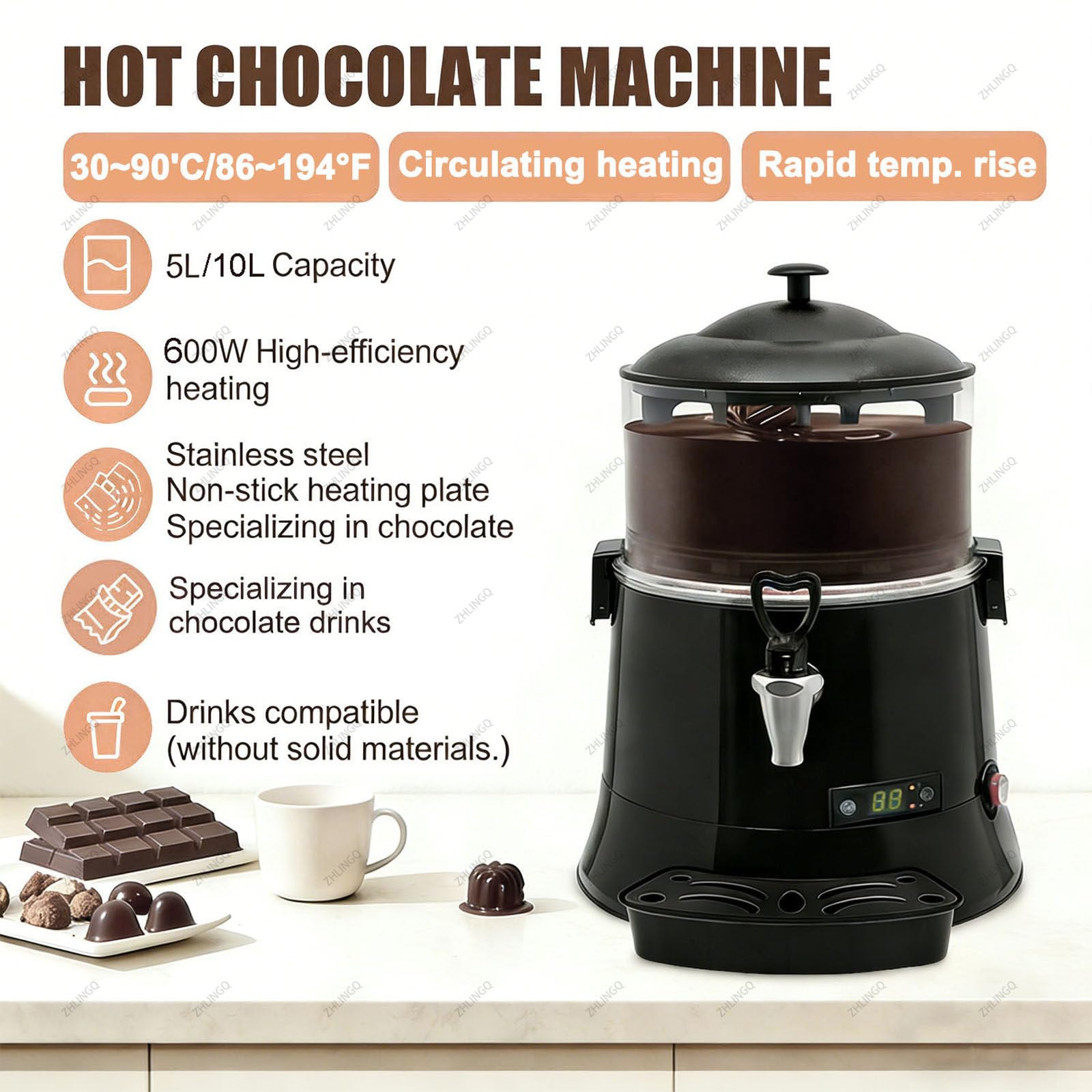 Distributeur de chocolat chaud commercial, machine à fondre antiadhésive avec écran LED, chauffe-boissons chaudes de 10 L pour boissons