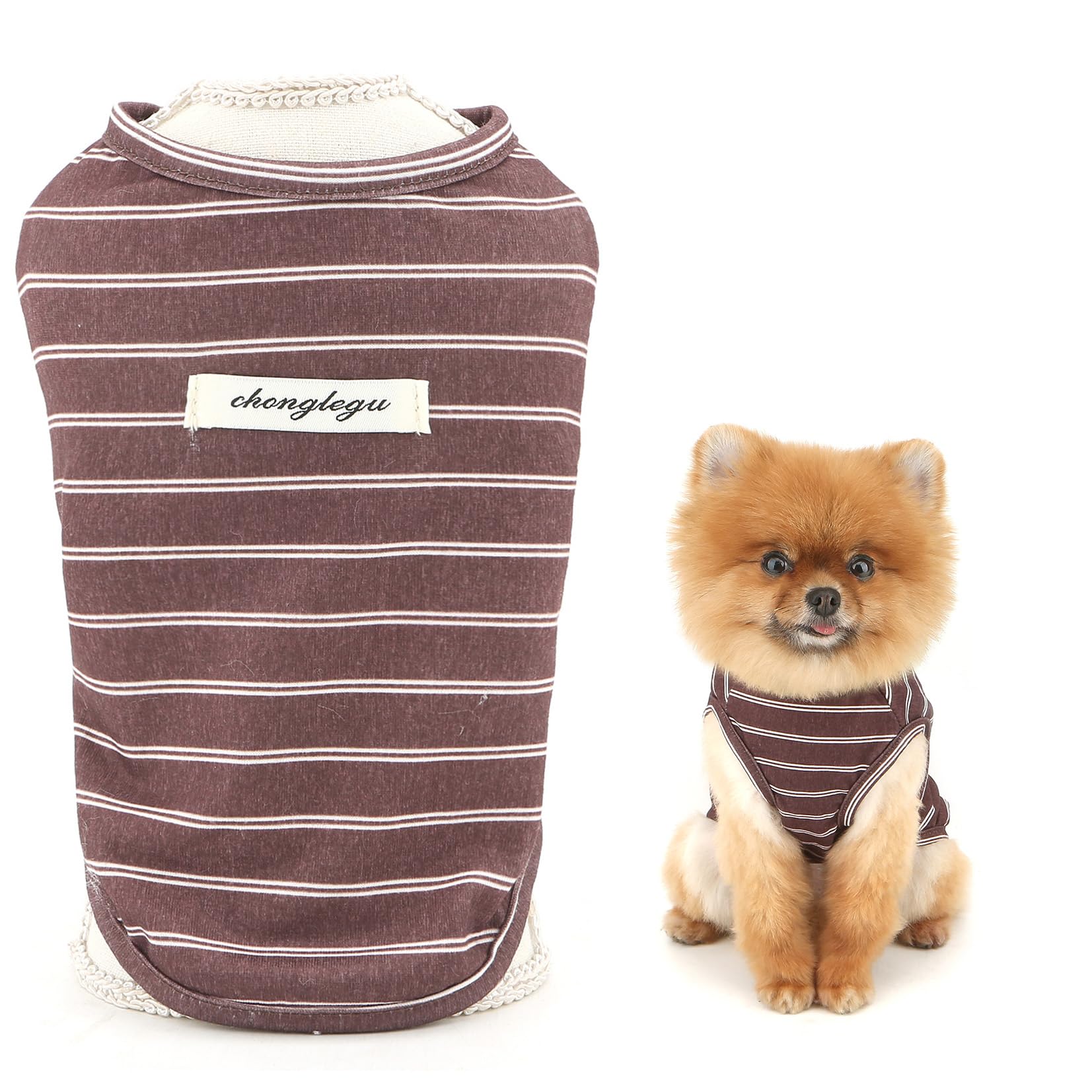 SMALLLEE_LUCKY_STORE Striped Dog T-Shirt for Extra Small and Small Dog Pet Pullover with Patch Puppy Vest Breathable Stretchable Tank Top Spring Summer Shirt Chihuahua Yorkie Cat Clothes, Brown, XS