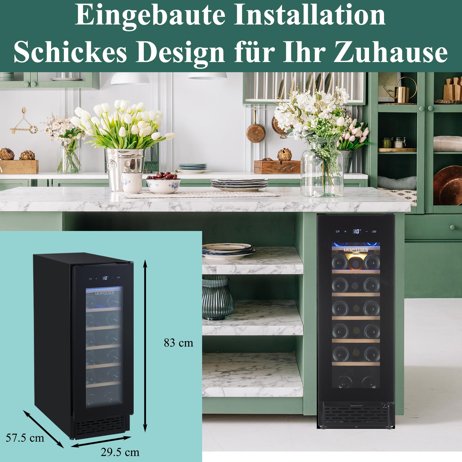 Weinkühlschrank 30cm Breit Unterbaufähig 20 Flaschen 1 Zone UV-Glastür Holzablagen Leise 37 dB
