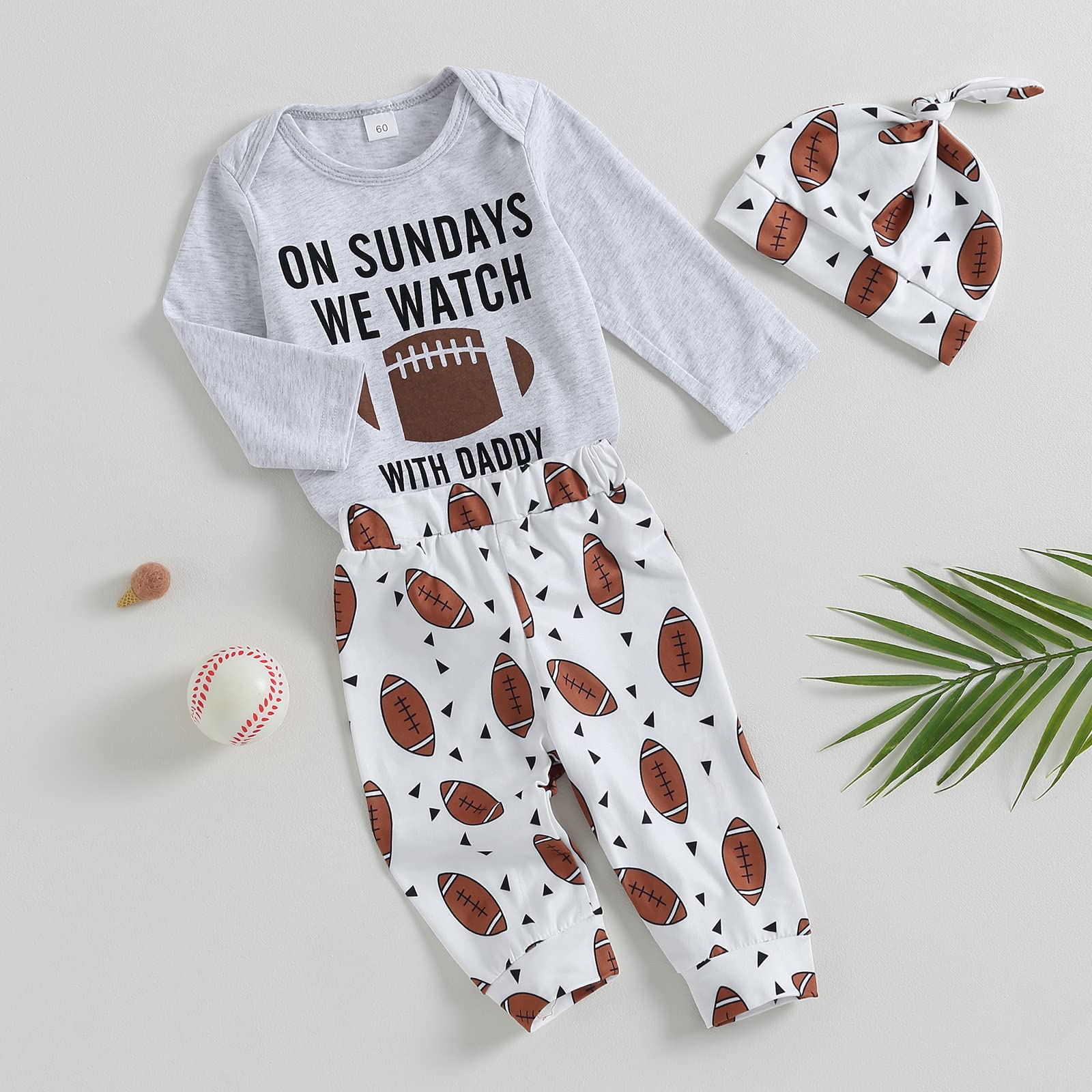 BULINGNA Newborn Baby Boy Football Season Outfit Letters Print Bodysuit Football Pants with Hat Coming Home Outfit (Gray, 0-3 Months)