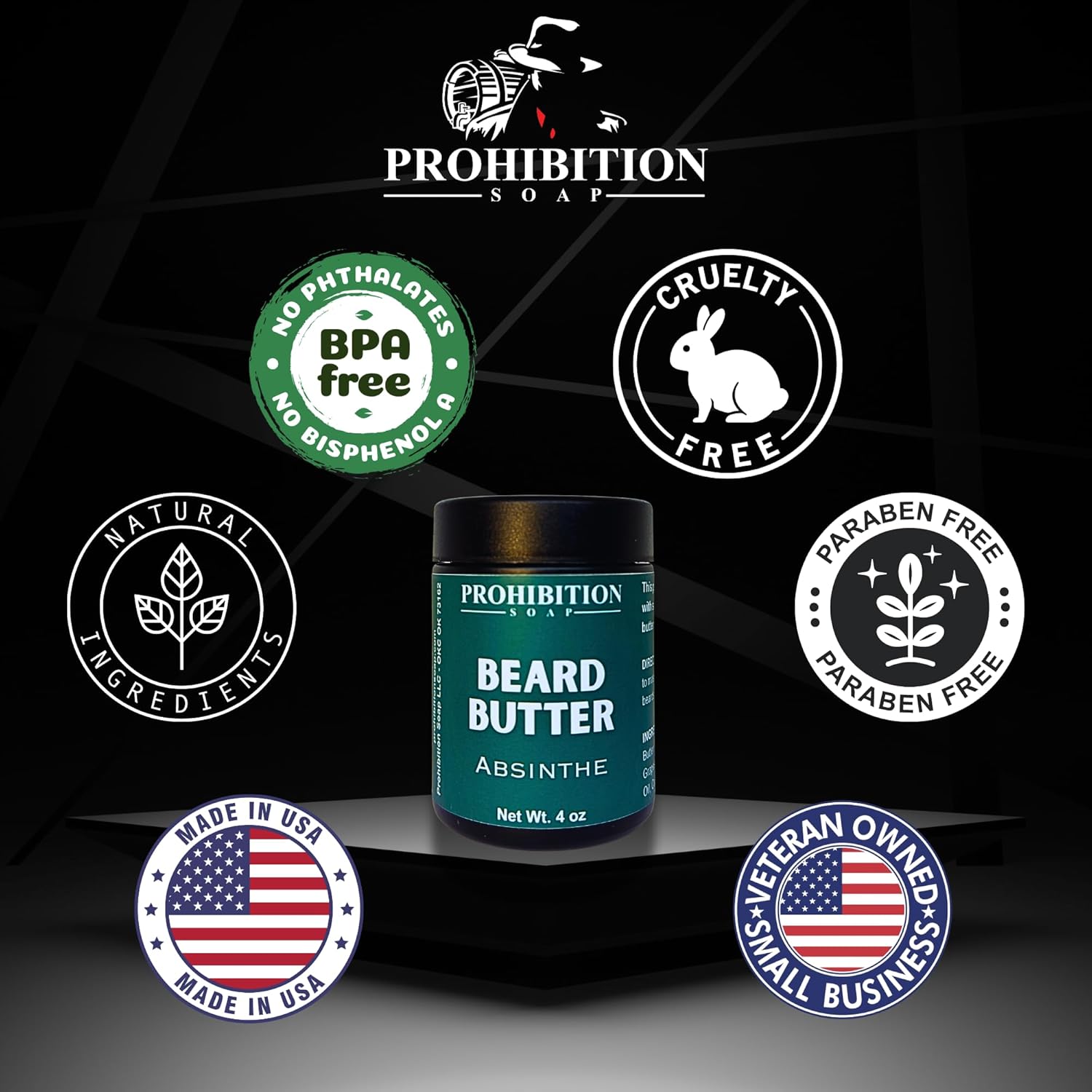 Prohibition Soap Beard Butter | Absinthe | Conditioning, Hydrating Beard Cream With Organic Golden Jojoba Oil and Argan Oil, for All Beard Types, 4 Ounce