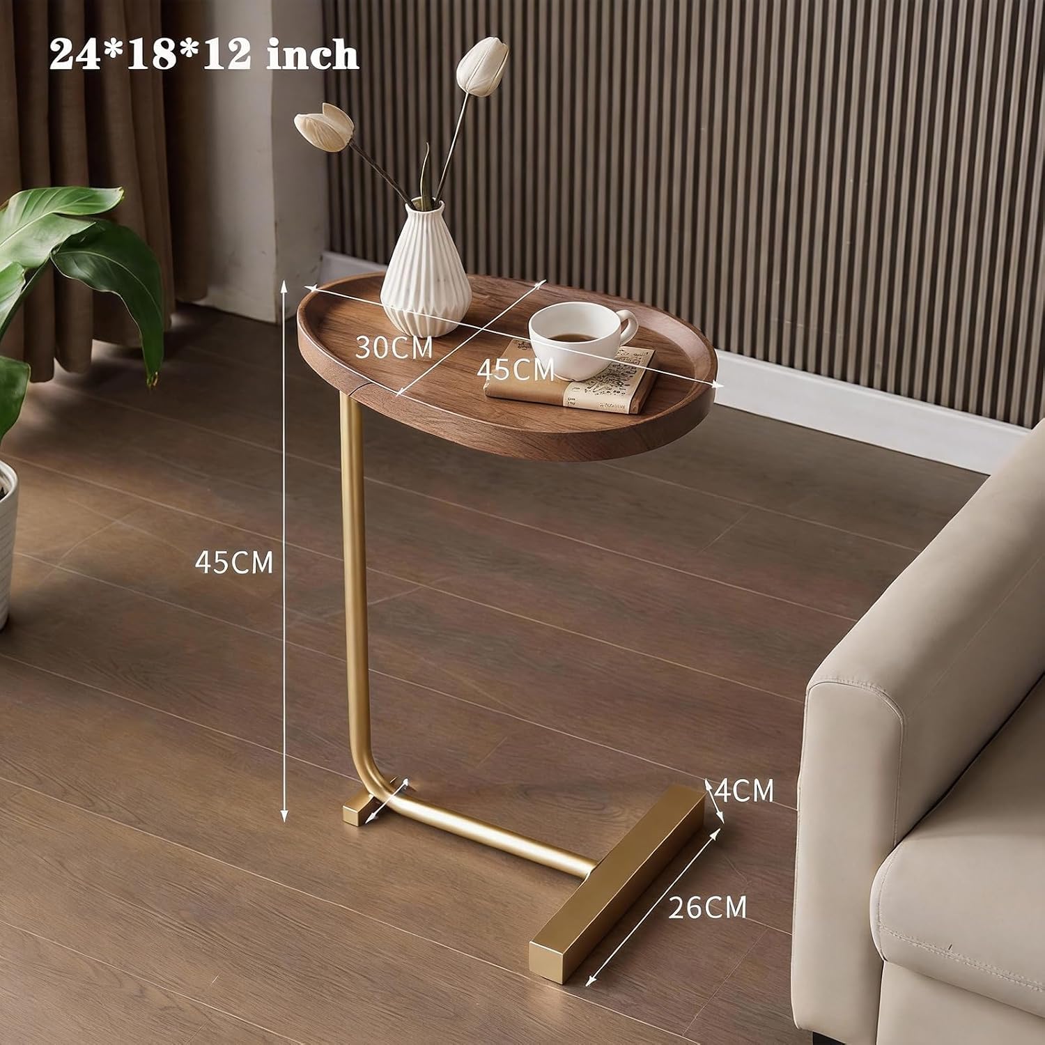 small side end table new c table narrow round bed sofa couch coffee dinner table for snack drink tv tray, slim gold rustic end table modern simplicity, metal and wood - 24 inch (wood) wood color