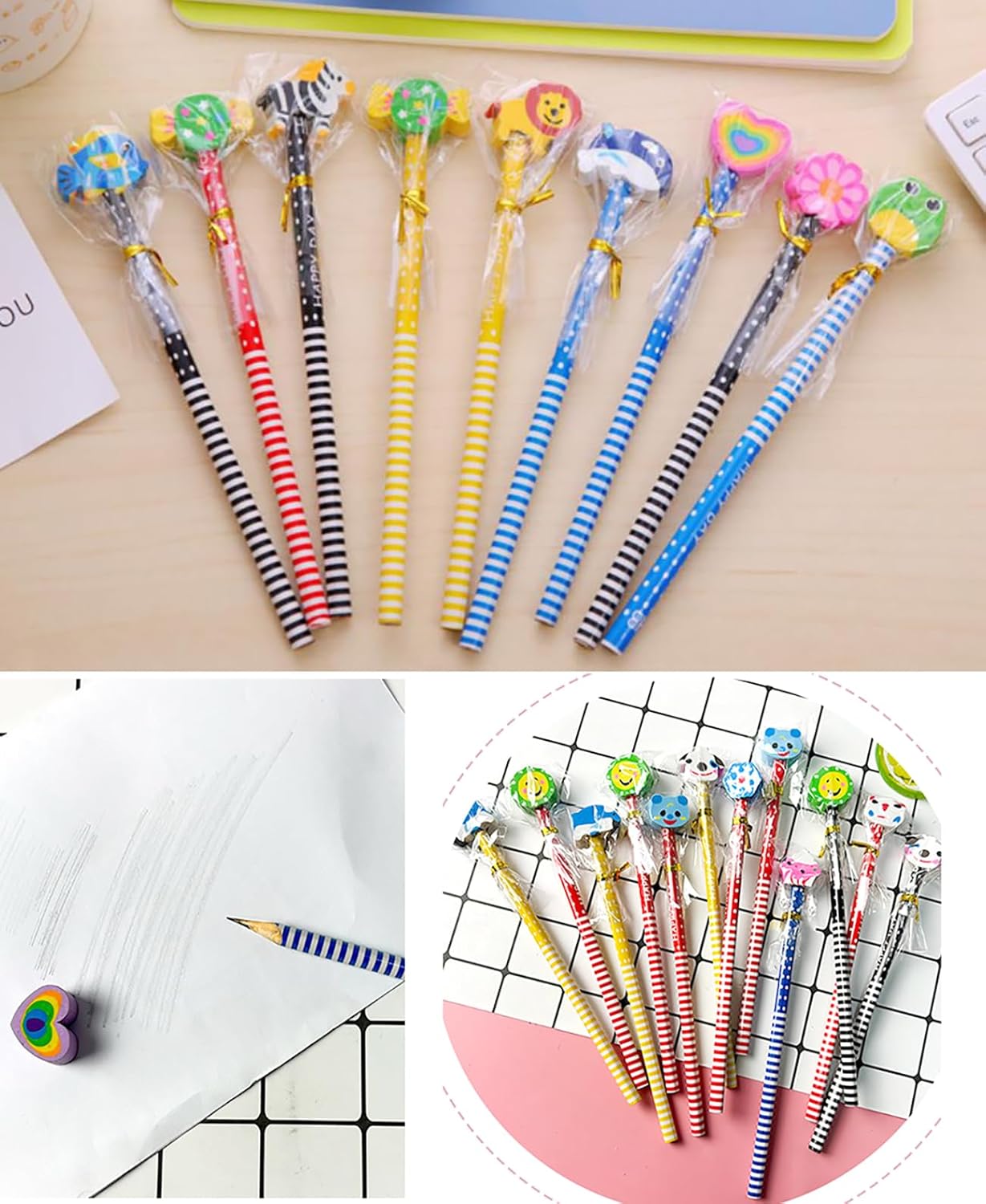12Pcs Pencils Assorted Cartoon Stripe Colored Wooden Pencils for Supplies Prize Gift (animal fruits, 12)