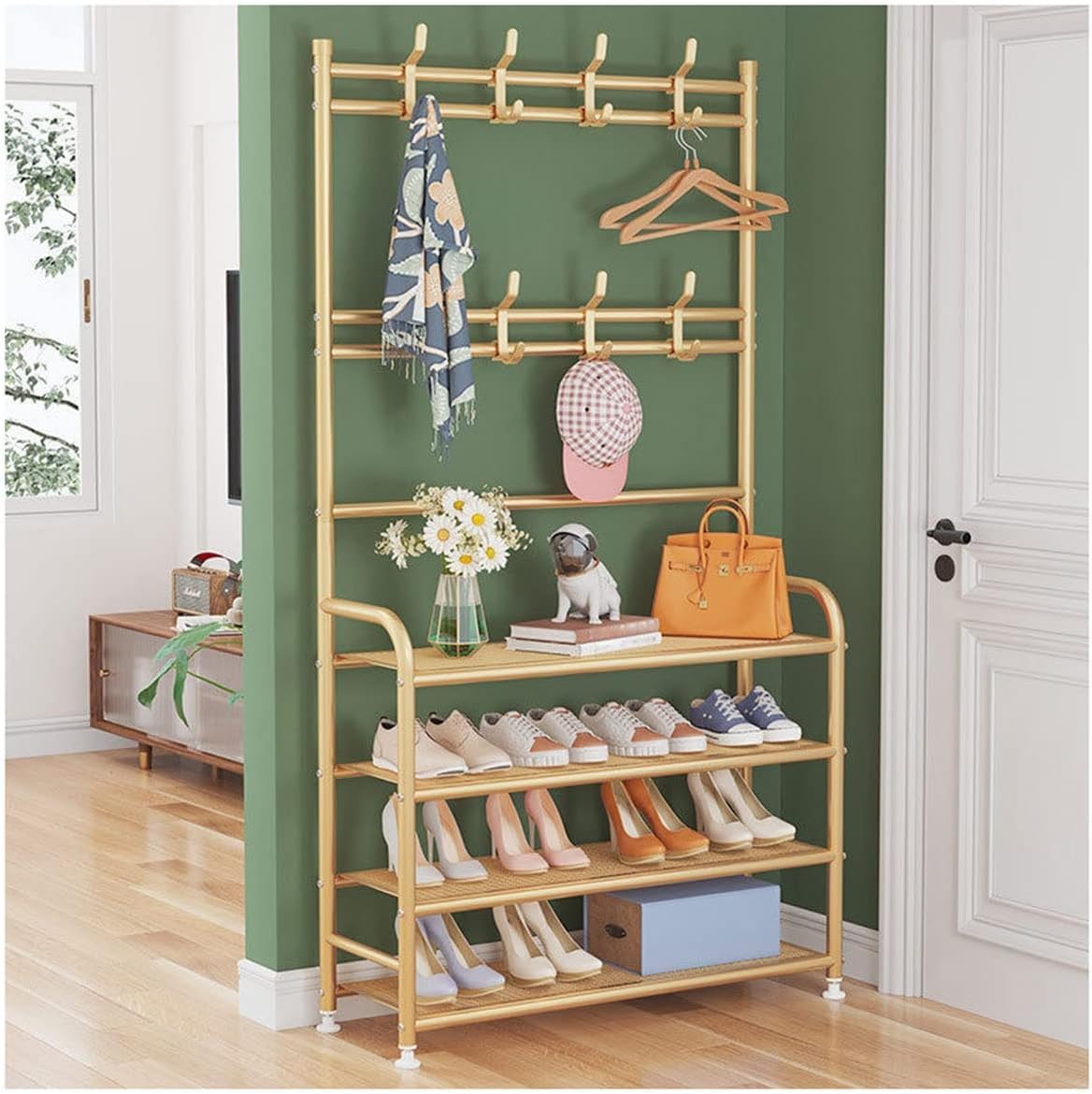 MYUYEE Clothes Rail Wardrobe Bench Entrance Area With Coat Hooks, Hallway Tree Entrance Area Storage Shelf Multifunctional Hallway Orga With 4-Tier Shoe Rack/Schwa(Gold 80Cm-Gold)